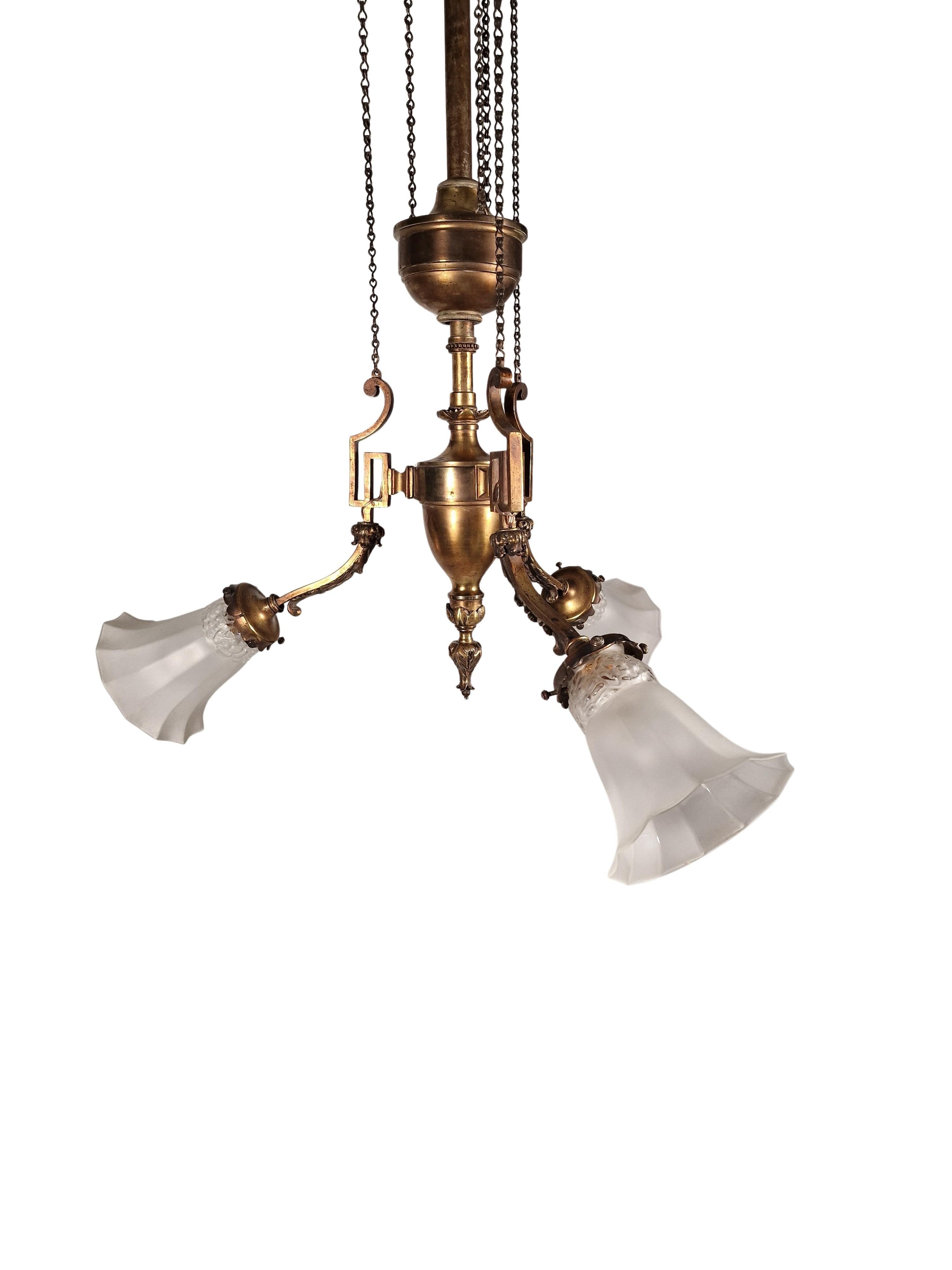 Spectaculaire lustre suspendu en laiton massif et bronze, Autriche, 1910 en vente 4