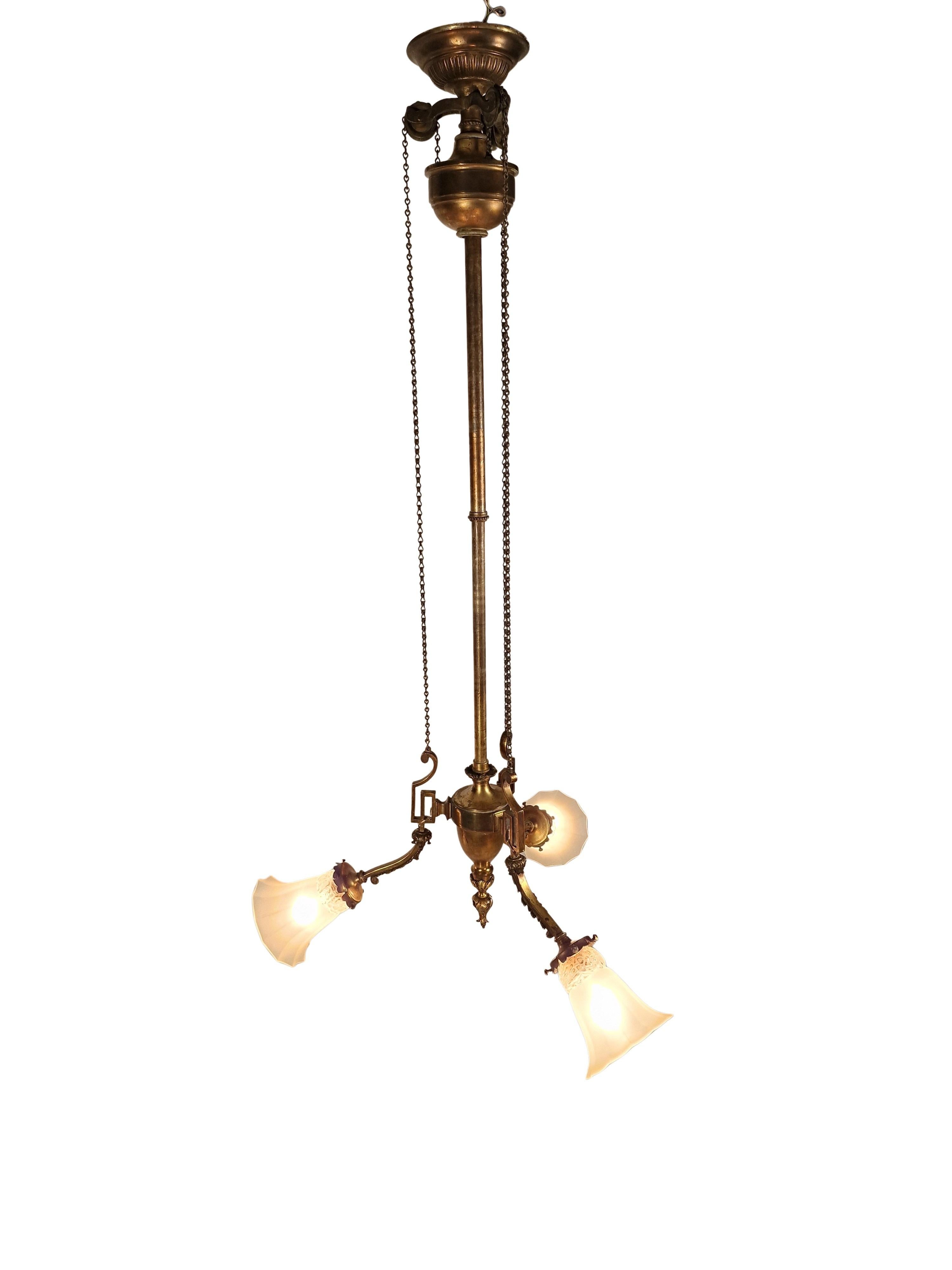 Spectaculaire lustre suspendu en laiton massif et bronze, Autriche, 1910 en vente 8