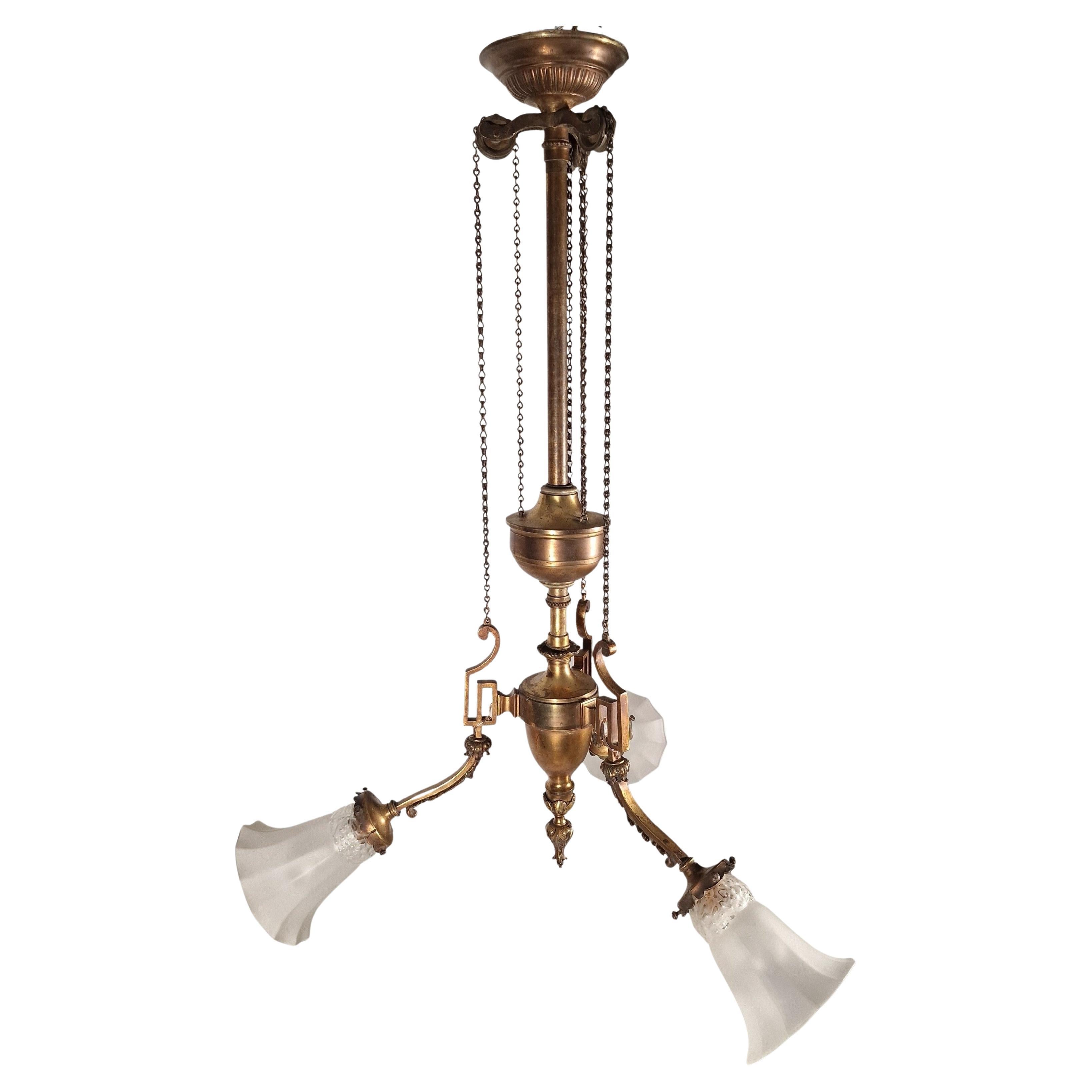 Spectacular pull-out lamp pendant chandelier, solid brass & bronze, 1910 Austria