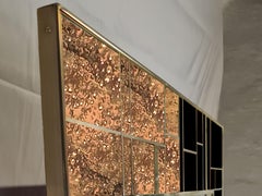 Spectaculaire miroir mural rectangulaire en laiton et verre de Murano noir, fabriqué en Italie