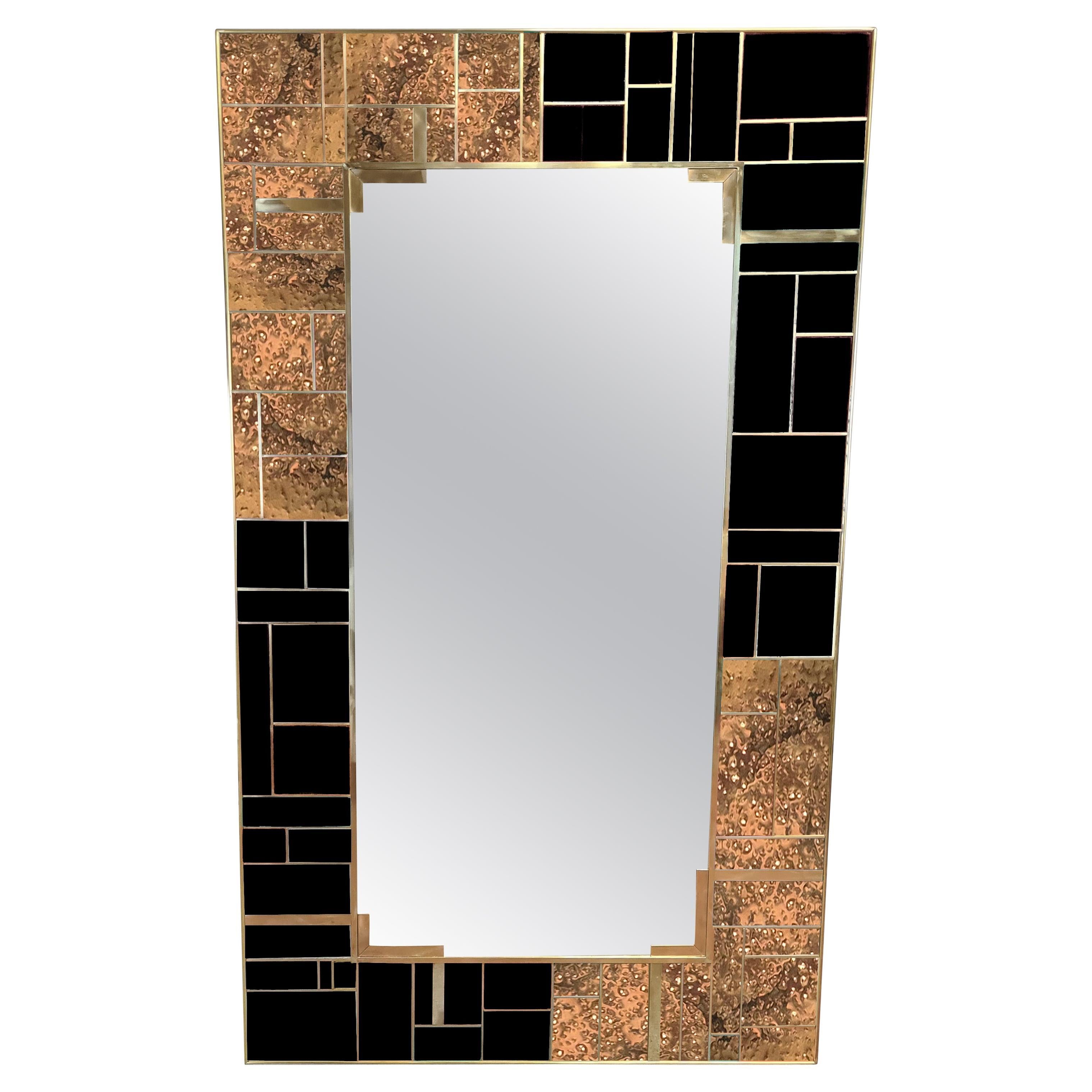 Spectacular Rectangular Brass and Black Murano Glass Wall Mirror, Made in Italy