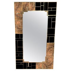 Spectacular Rectangular Brass and Black Murano Glass Wall Mirror, Made in Italy