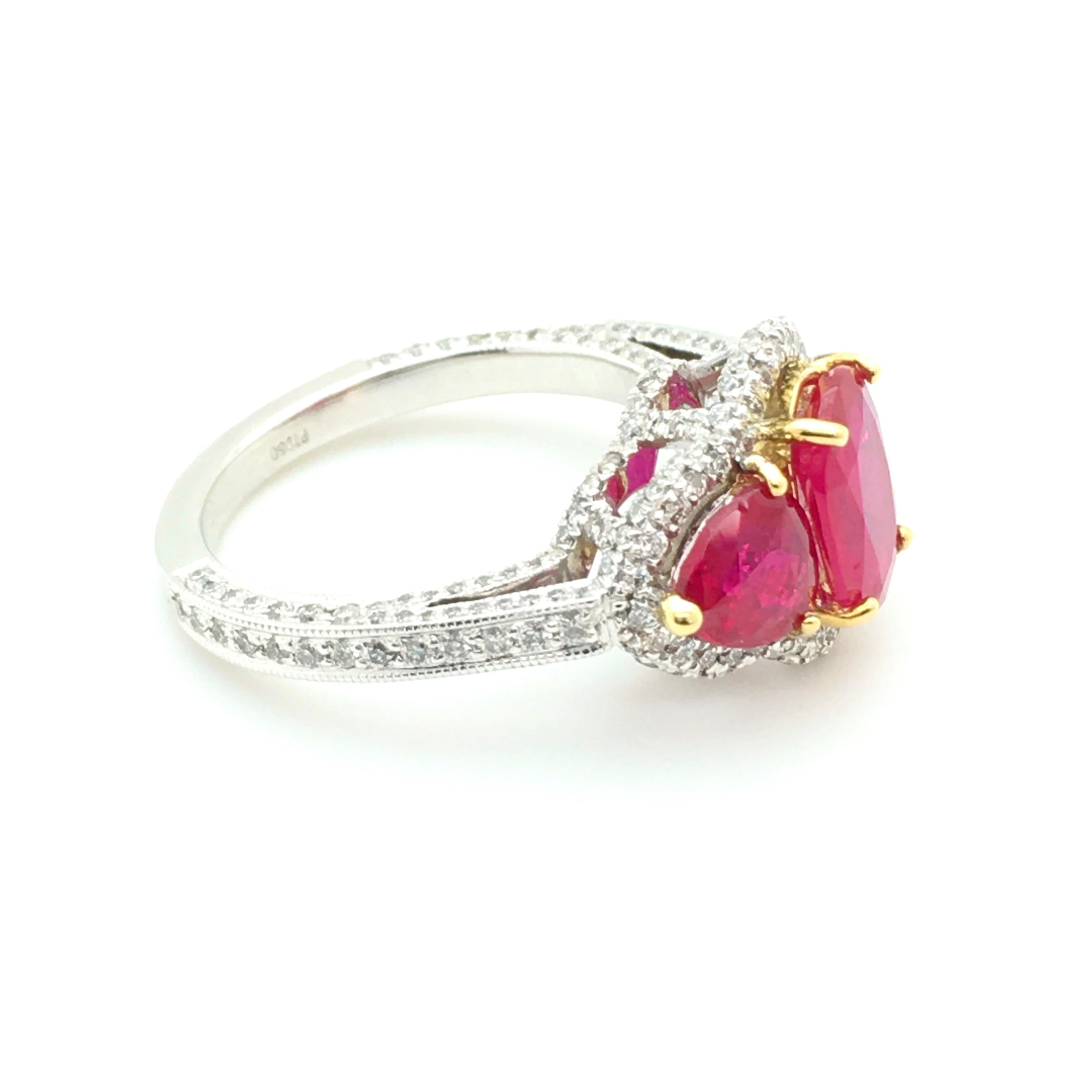 Contemporary 2.64 Carats Red Ruby and Diamonds - Three-Stone Ring For Sale