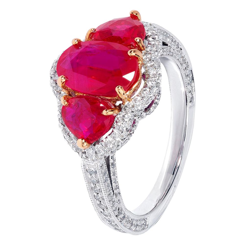 2.64 Carats Red Ruby and Diamonds - Three-Stone Ring