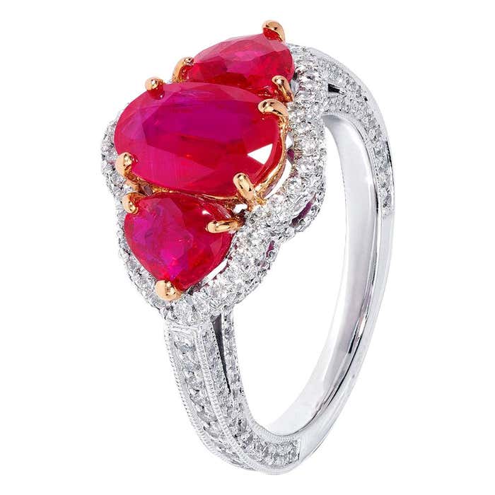 2.64 Carats Red Ruby and Diamonds - Three-Stone Ring For Sale at ...