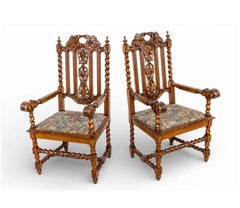 Spectacular Renaissance Style Carved Oak Set of Dining Chairs 19th Cent. Patina+