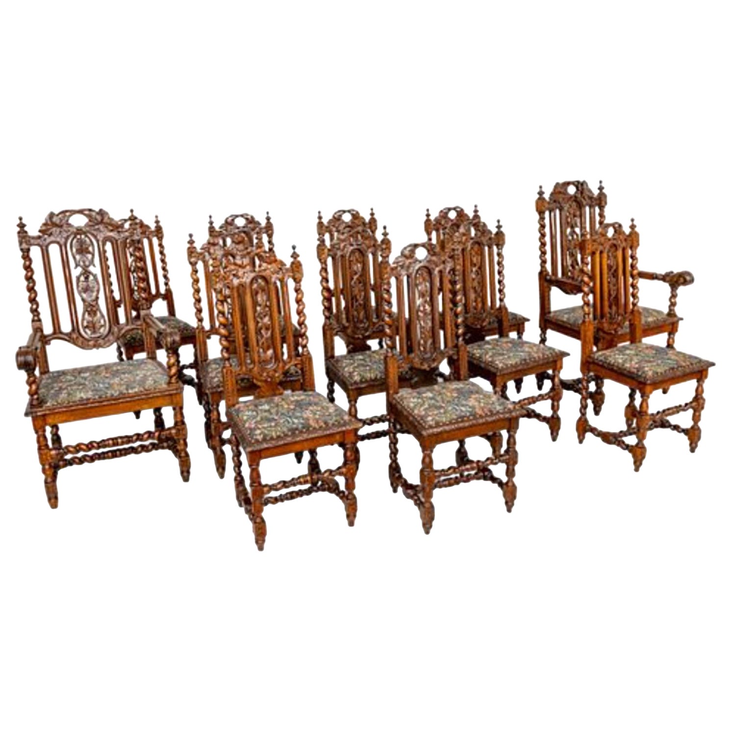 Spectacular Renaissance Style Carved Oak Set of Dining Chairs 19th Cent. Patina+