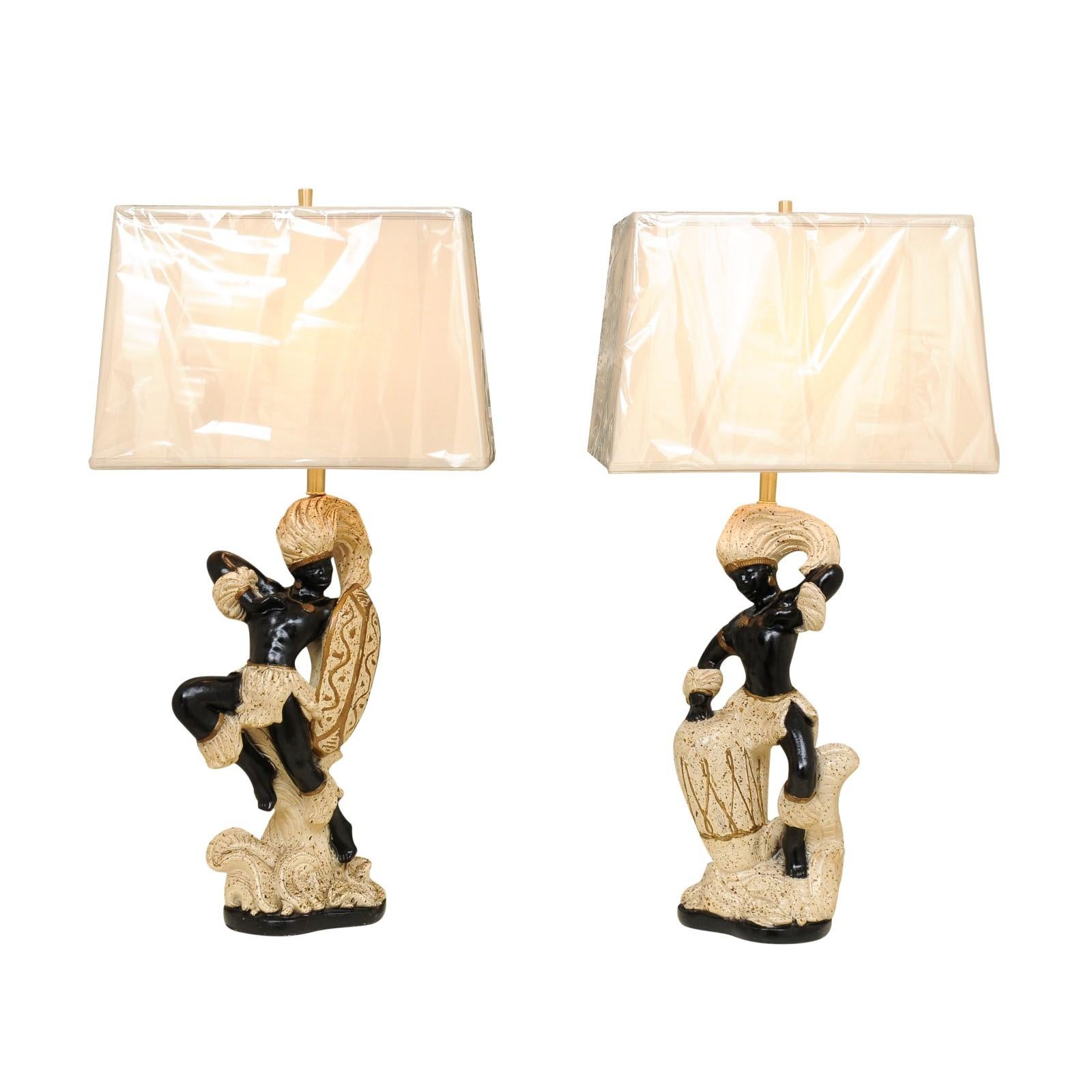 Spectacular Restored Pair of Handmade Plaster Art Deco Dancer Lamps, circa 1940 For Sale 6