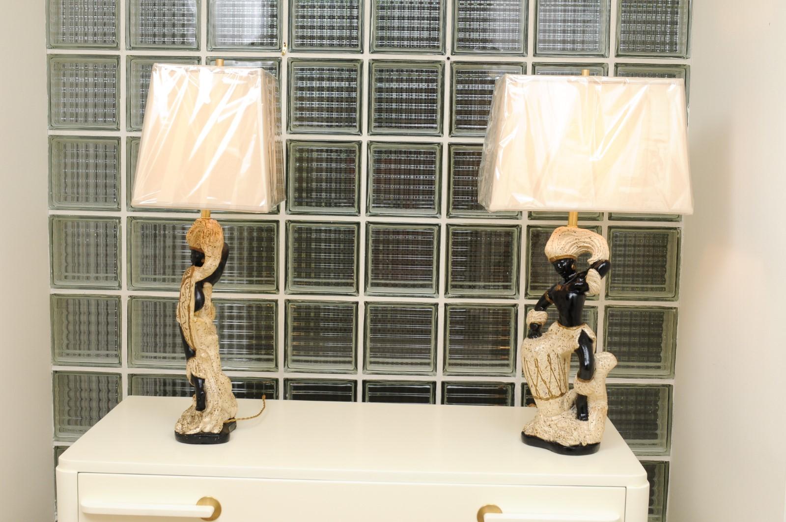 Spectacular Restored Pair of Handmade Plaster Art Deco Dancer Lamps, circa 1940 For Sale 8