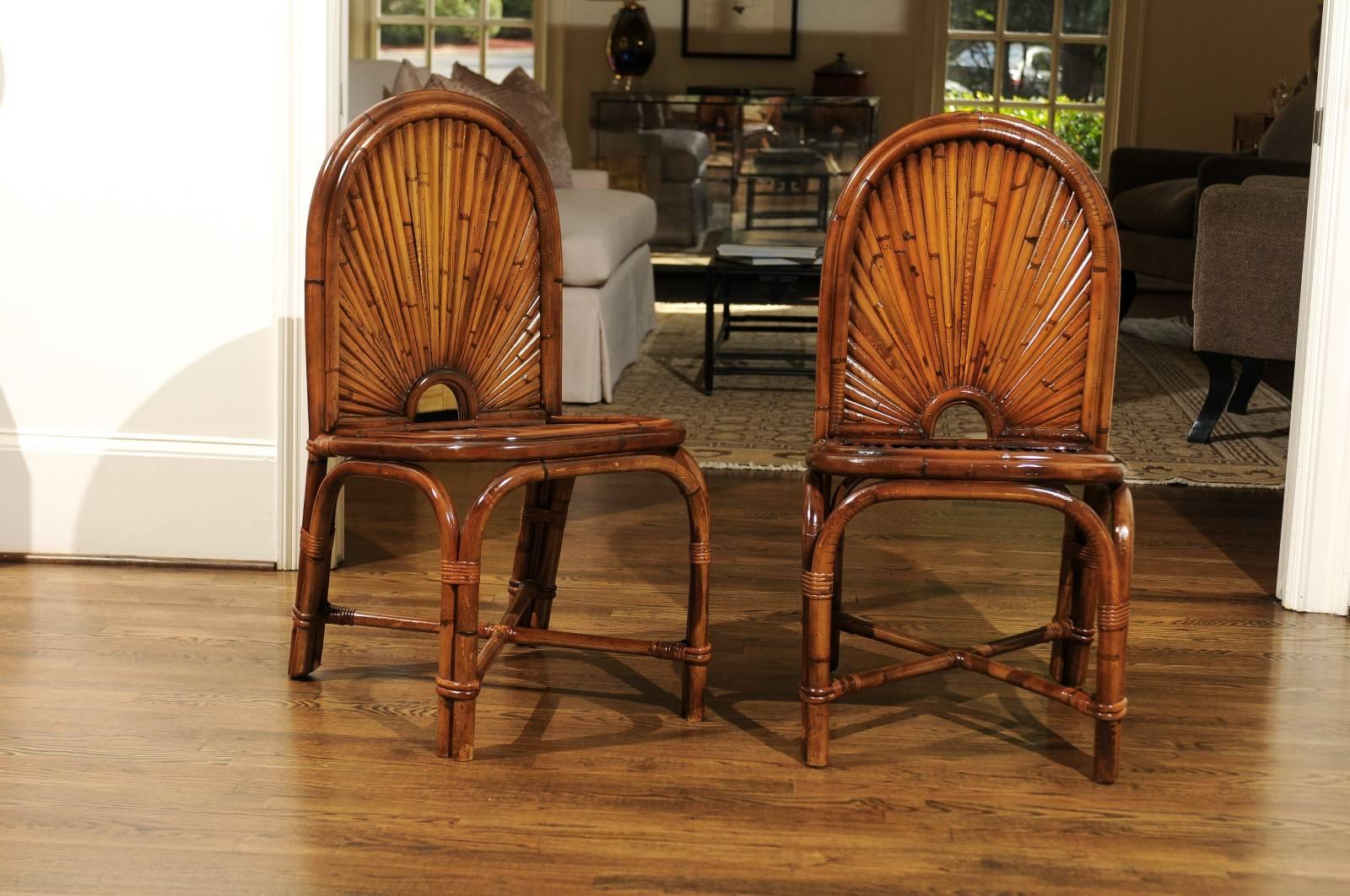 Spectacular Restored Set of 12 Rattan and Bamboo Dining Chairs, circa 1975 In Excellent Condition For Sale In Atlanta, GA