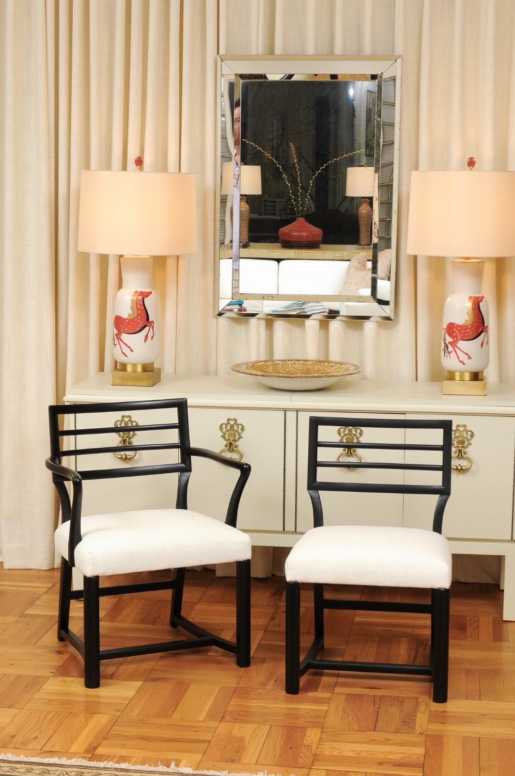 This magnificent set of dining chairs is shipped as professionally photographed and described in the listing narrative: Meticulously professionally restored, newly upholstered and completely installation ready. This large set of these rare examples