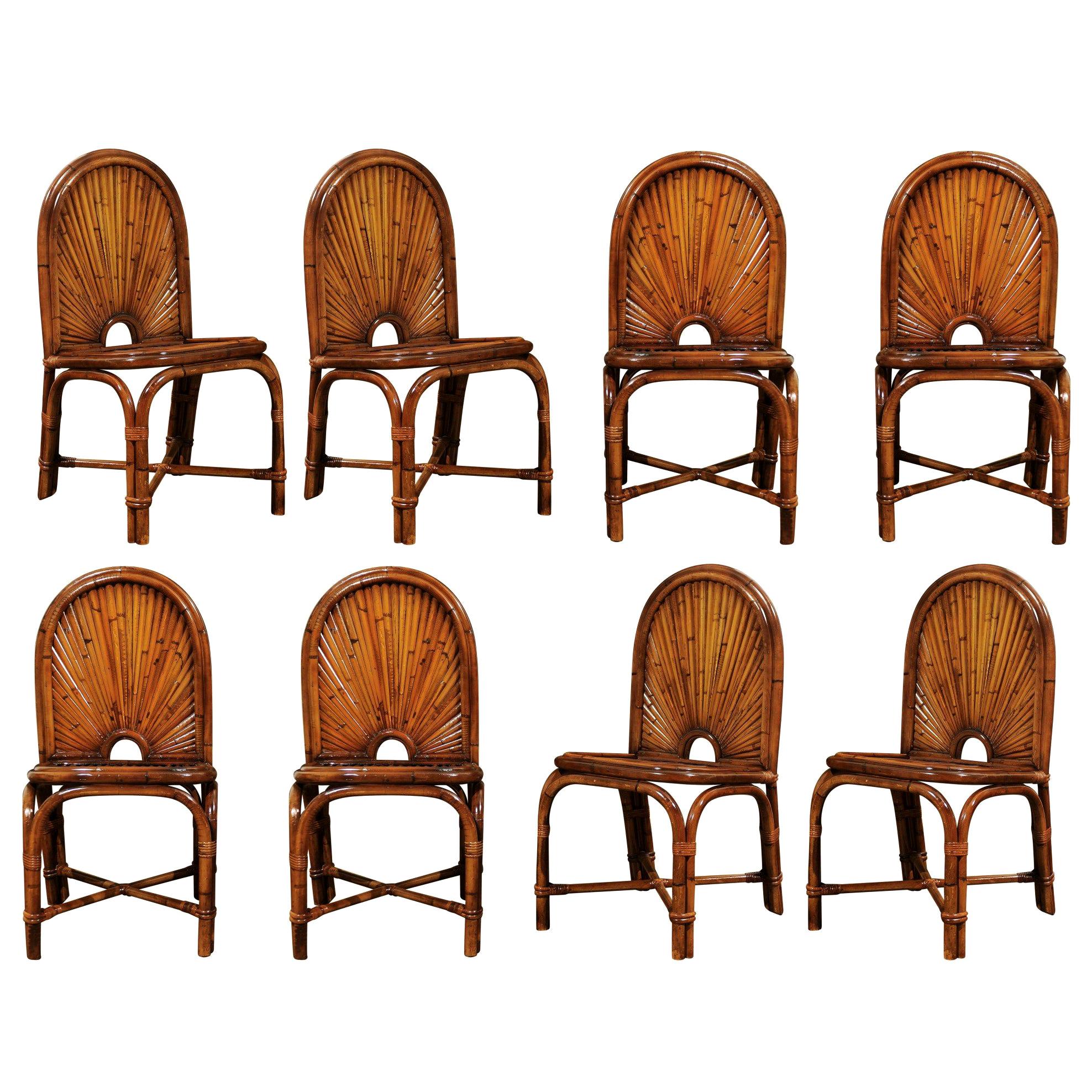 Spectacular Restored Set of Eight Rattan and Bamboo Dining Chairs, circa 1975