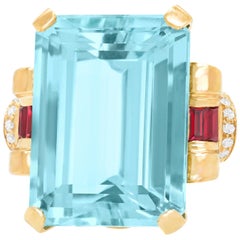 Spectacular Vintage 1940s Aquamarine and Ruby Gold Ring