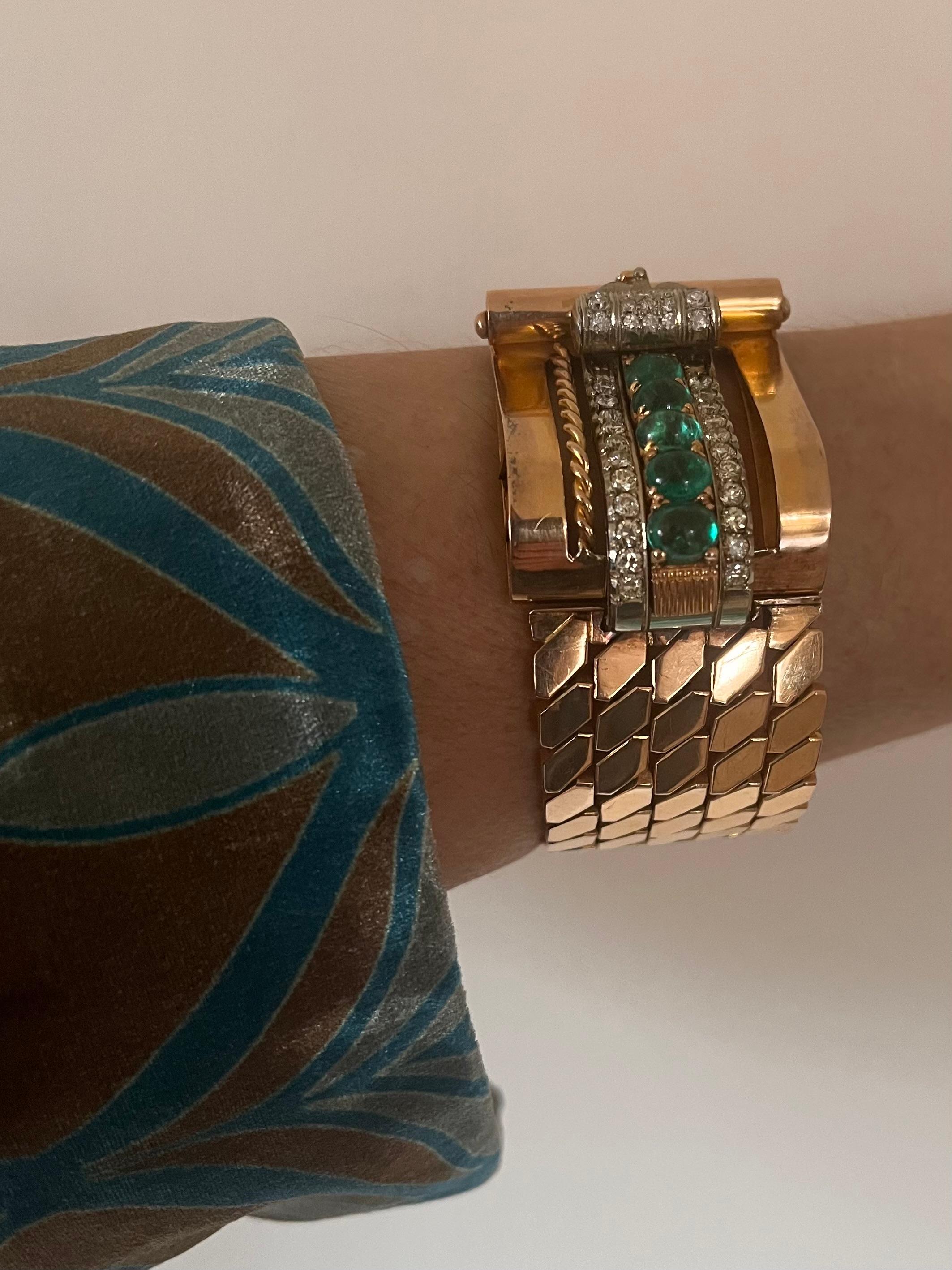 Spektakuläres Retro-Armband mit Smaragden und Diamanten (Cabochon) im Angebot