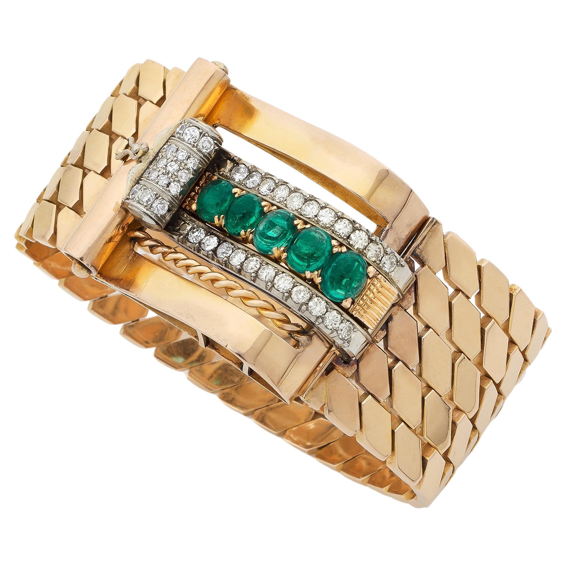 Spectacular Retro Bracelet with Emeralds and Diamonds For Sale