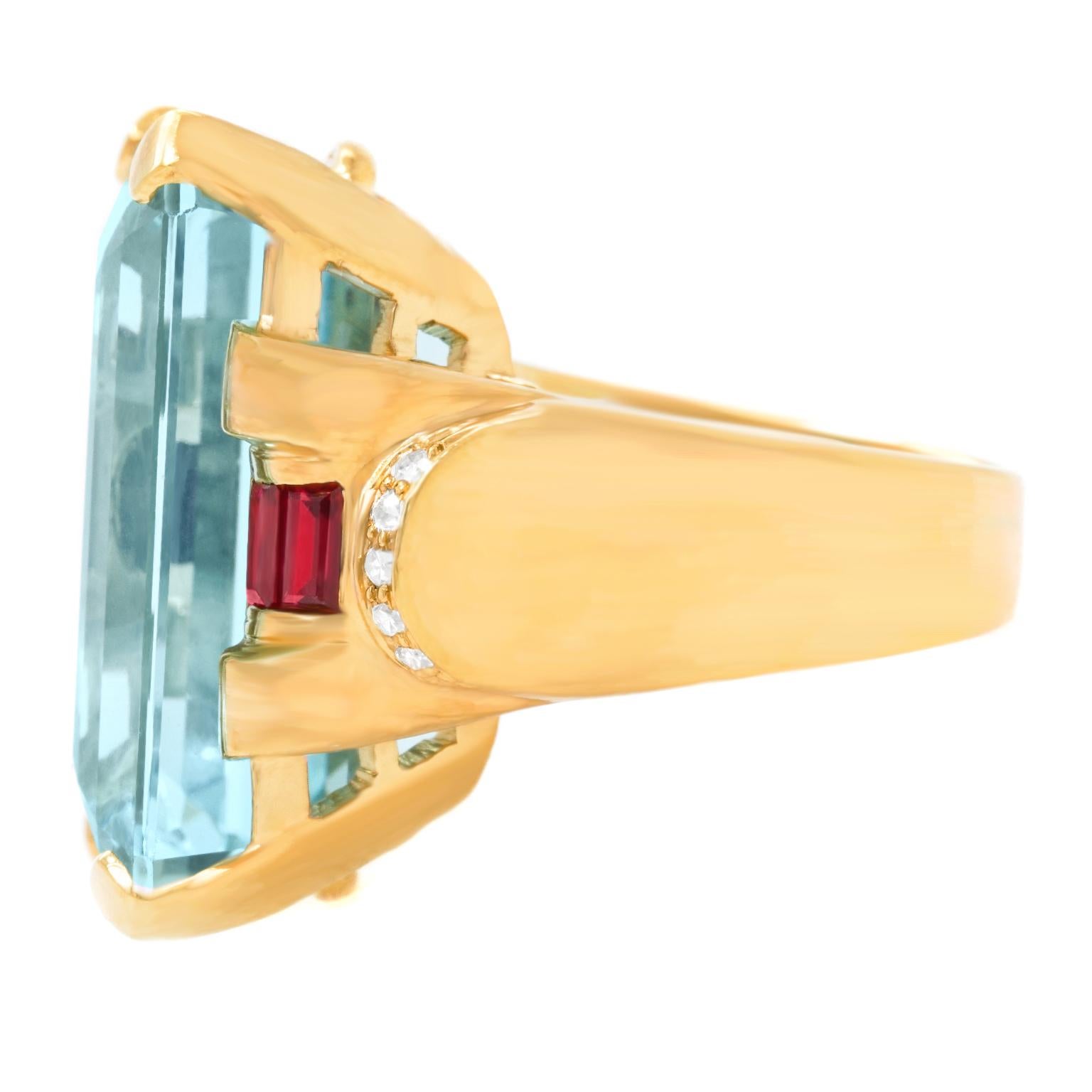 Spectacular Retro 1940s Aquamarine and Ruby Gold Ring In Excellent Condition For Sale In Litchfield, CT