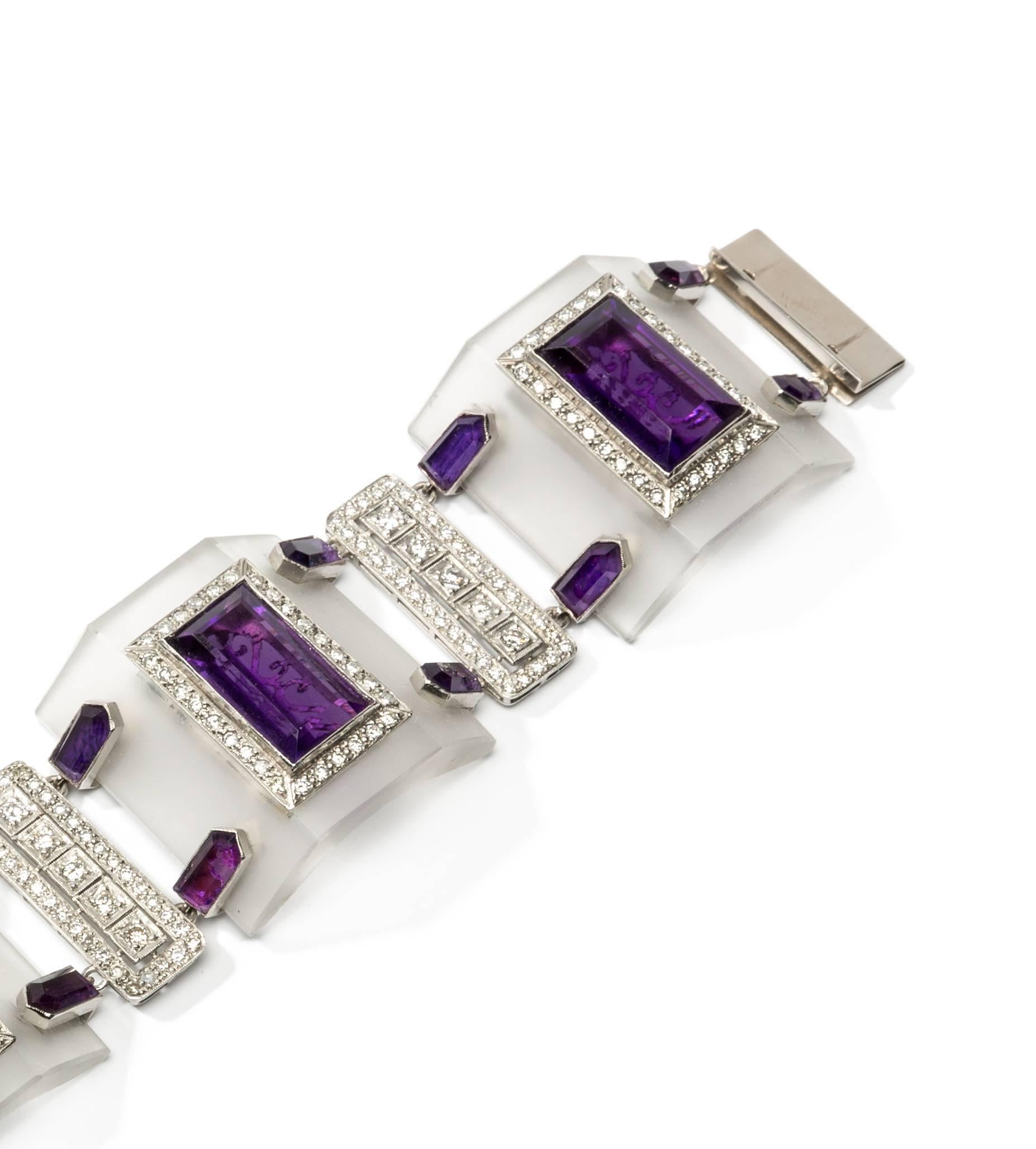 Art Deco Rock Crystal Amethyst Diamond Platinum Link Bracelet For Sale