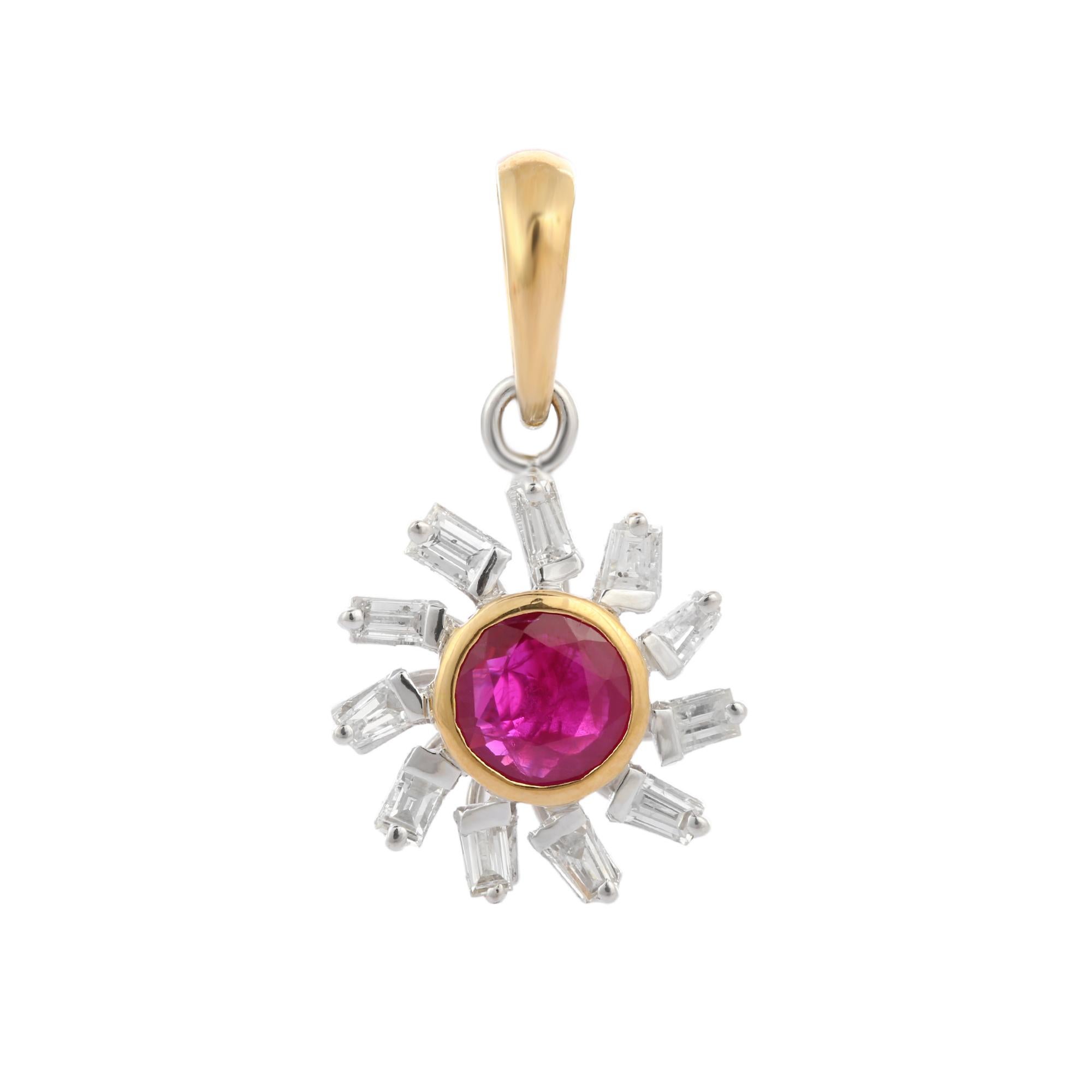 Natural ruby and diamond pendant in 14K Gold. It has a round cut ruby with diamonds that completes your look with a decent touch. Pendants are used to wear or gifted to represent love and promises. It's an attractive jewelry piece that goes with