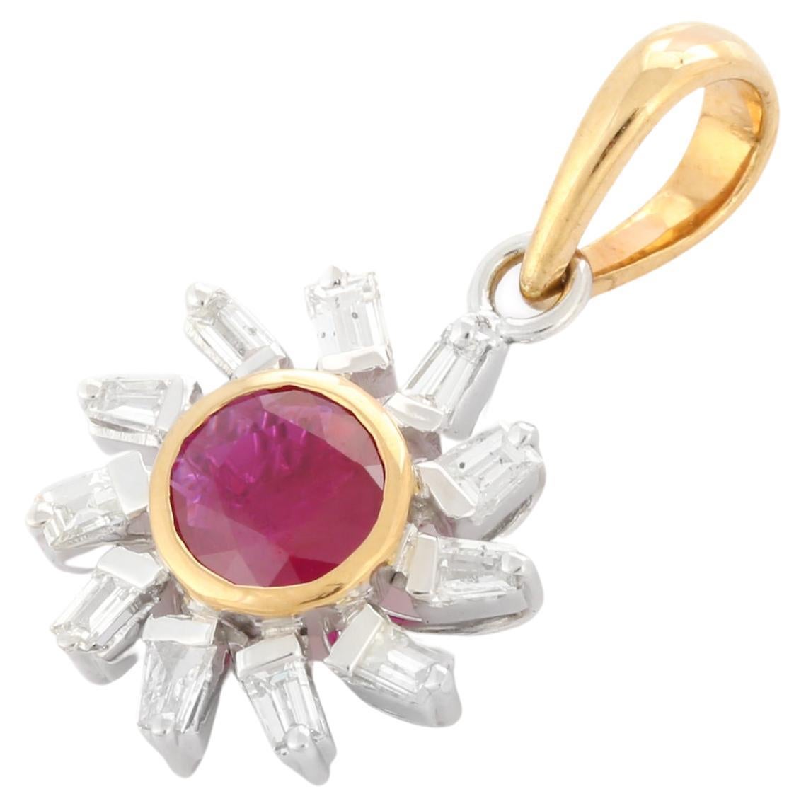 Spectacular Round Ruby Pendant Mounted with 14K Gold and Diamonds For Sale