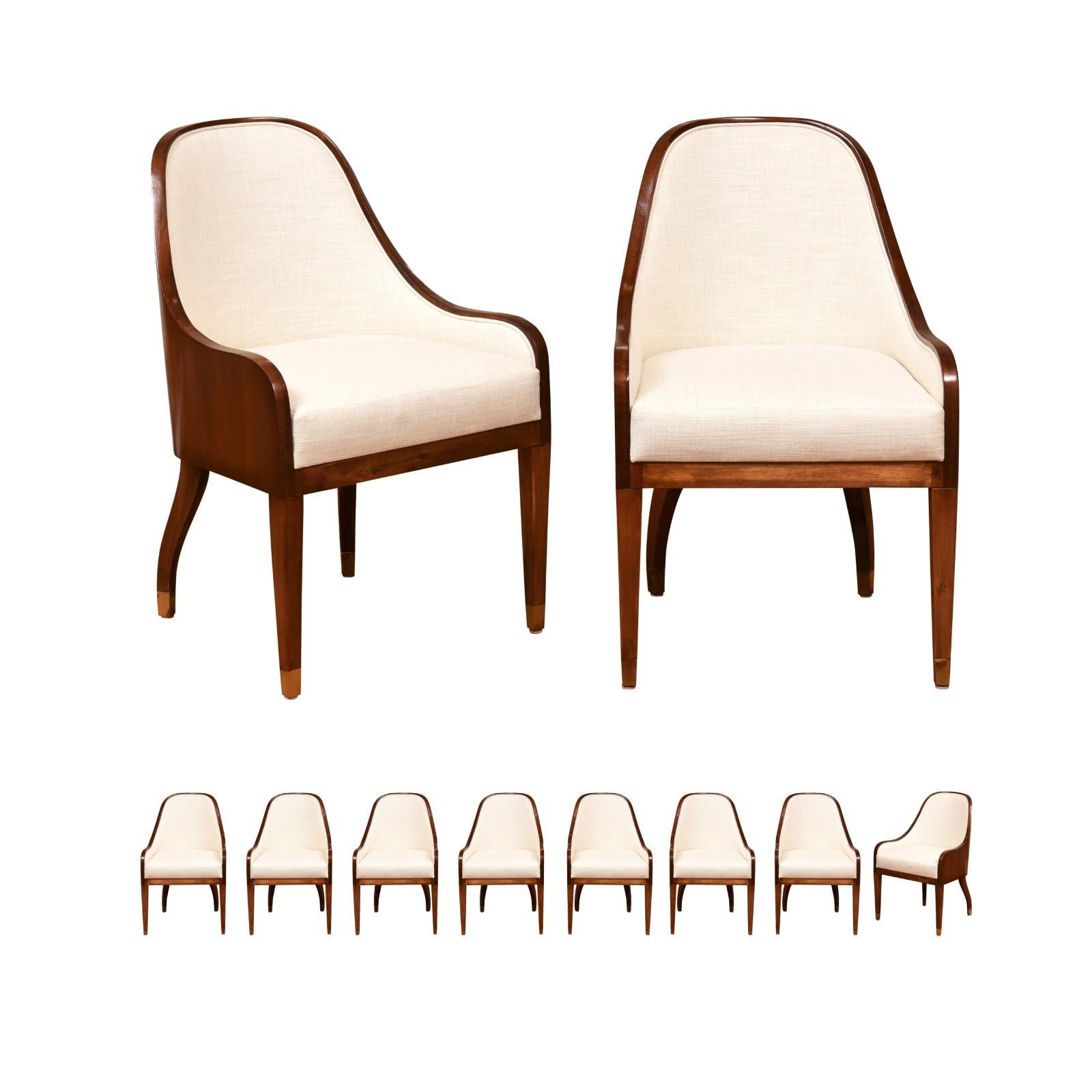 These magnificent chairs are shipped as professionally photographed and described in the listing narrative: Meticulously professionally restored and installation ready. Expert custom upholstery service is available.

An incredible set of ten (10)