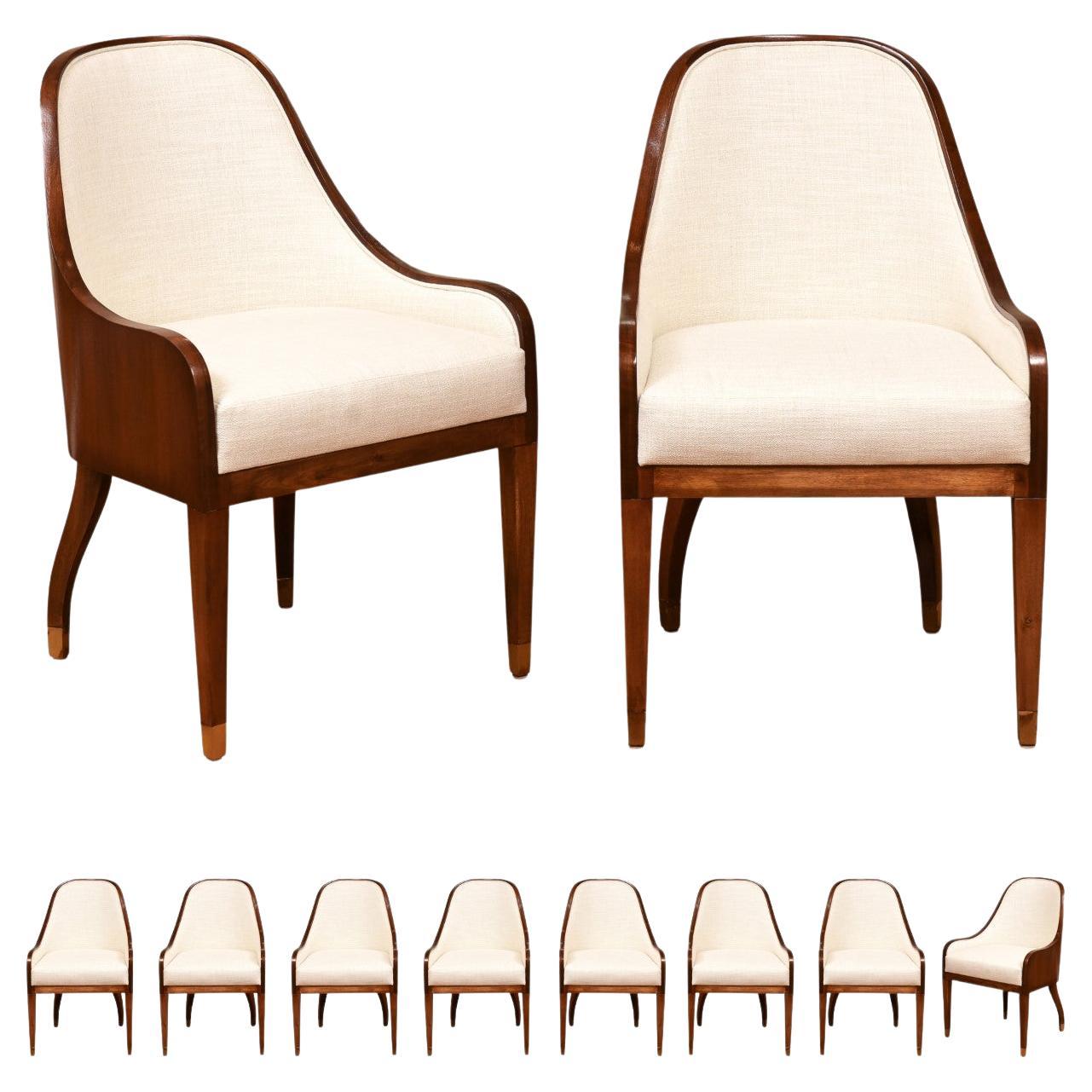 Spectacular Set of 10 Art Deco Revival Chairs in Bookmatch Figured Walnut For Sale