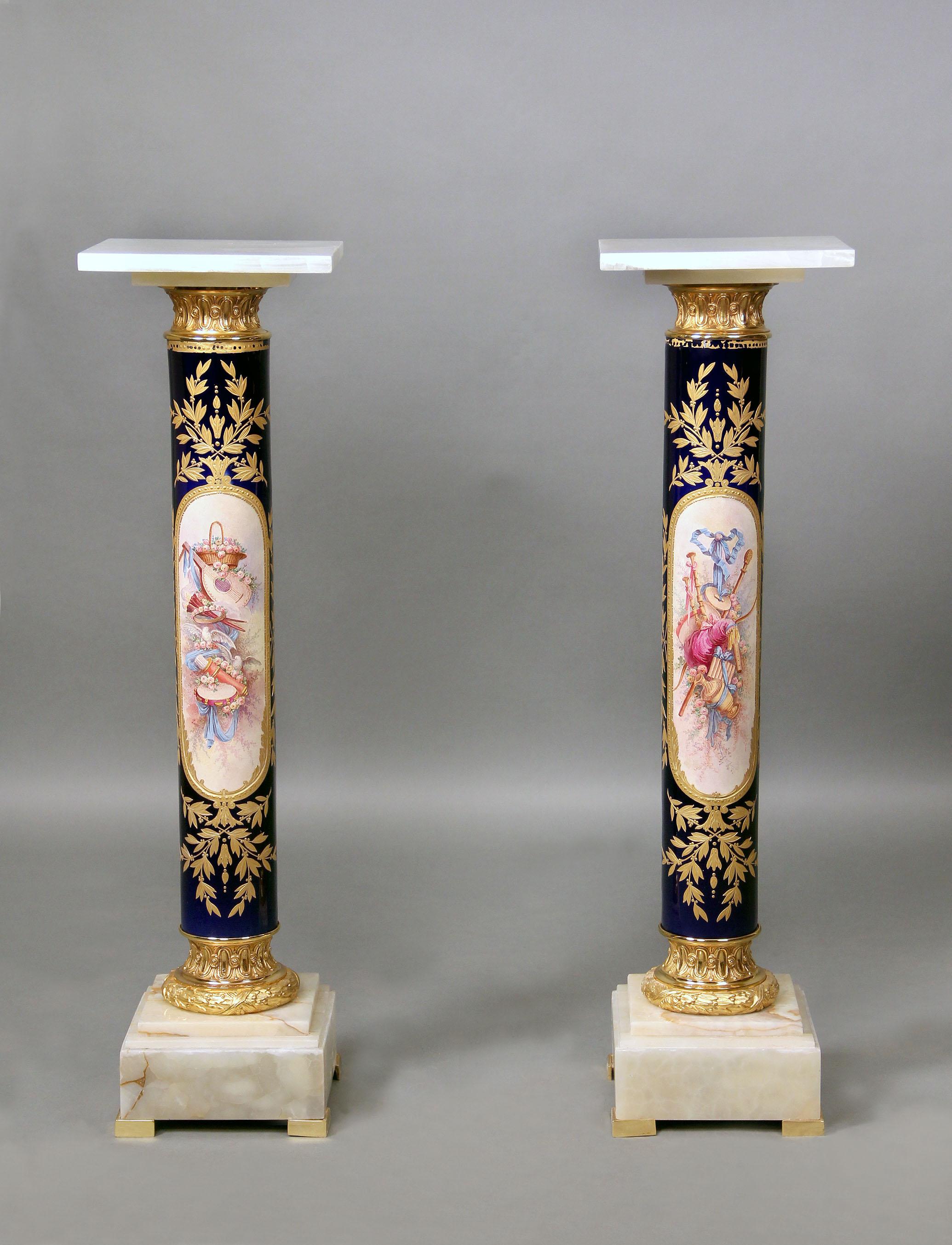 Spectacular Set of 19th Century Bronze Mounted Sèvres Style Vases and Pedestals For Sale 4