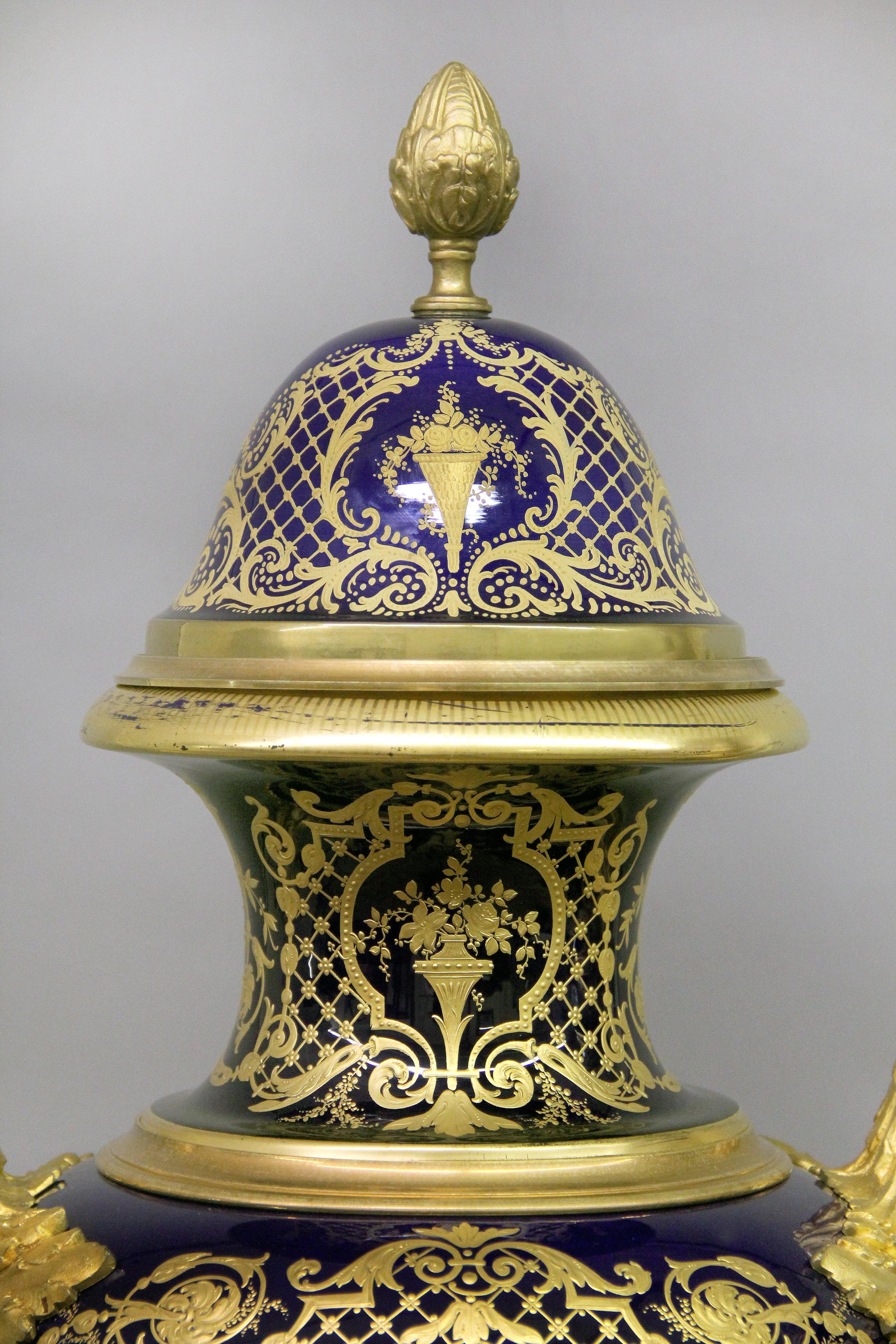 Gilt Spectacular Set of 19th Century Bronze Mounted Sèvres Style Vases and Pedestals For Sale