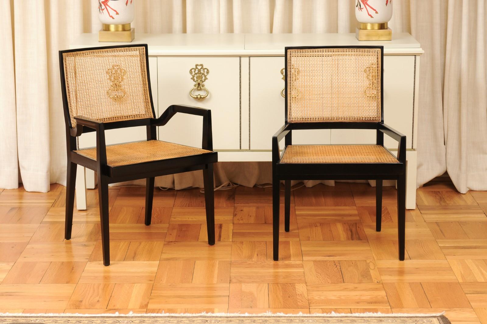 This large restored set of impossible to find seating examples is unique on the World market. These magnificent dining chairs are shipped as professionally photographed and described in the listing narrative: meticulously professionally restored and