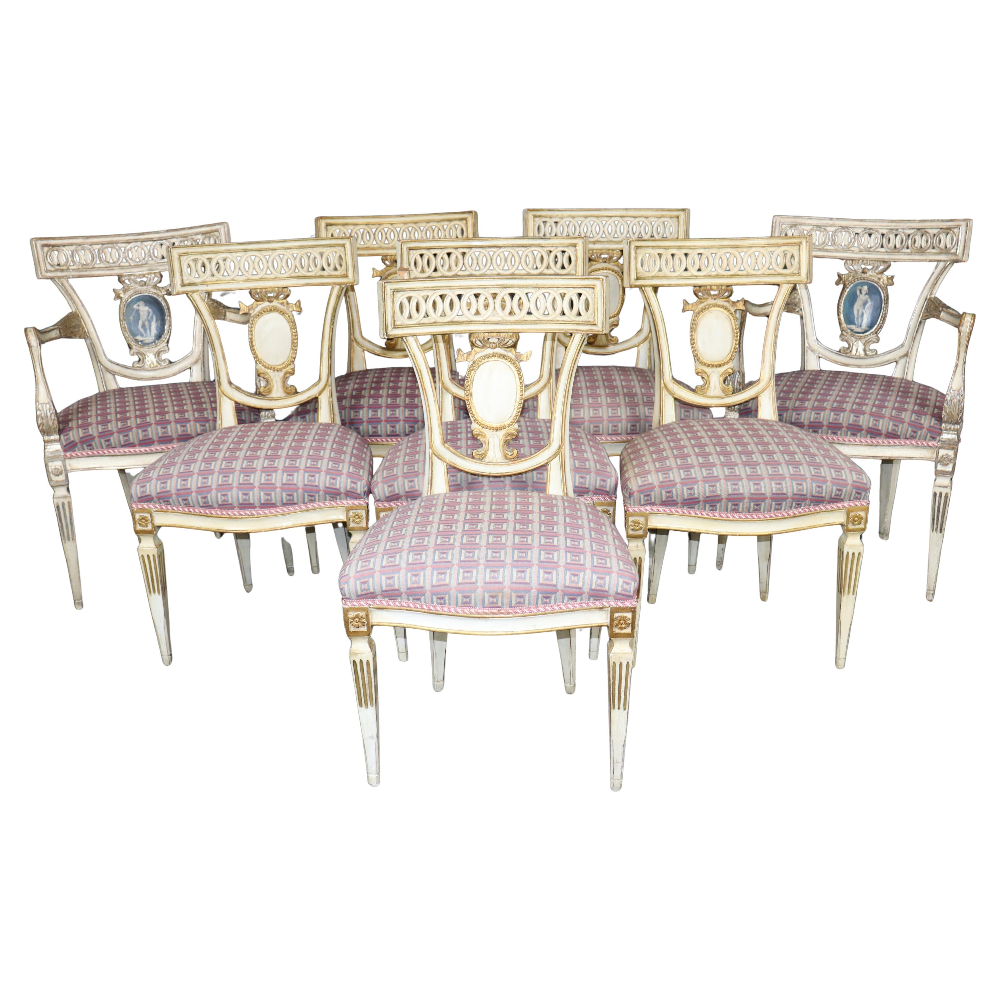 Spectacular set of 8 Italian Neoclassical Paint Decorated Figural Dining Chairs