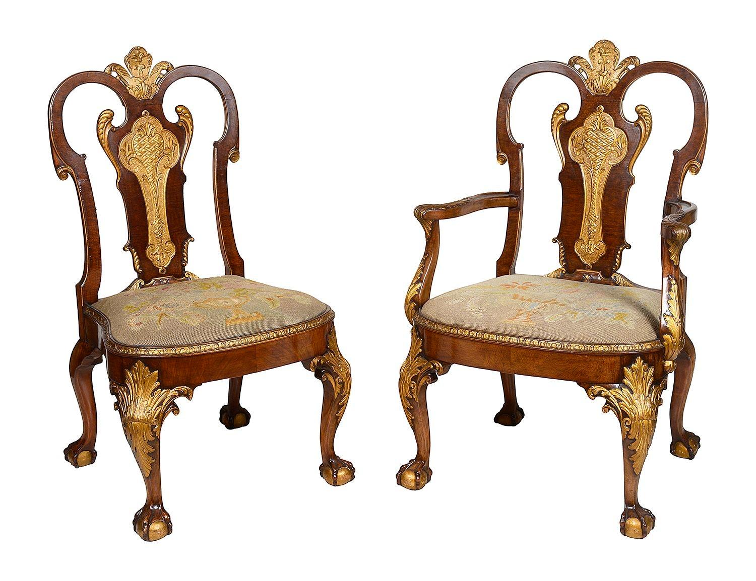 A very good quality late 19th Century set of eight Walnut dining / side chairs. Each with wonderful hand carved scrolling decoration with gilded highlights, drop in tapestry and raised on cabriole legs, terminating in ball and claw feet.


Batch 76.