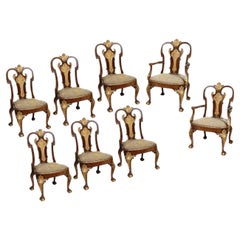 Spektakulärer Satz von 8 Stühlen aus Nussbaumholz im Queen Anne-Stil, um 1900