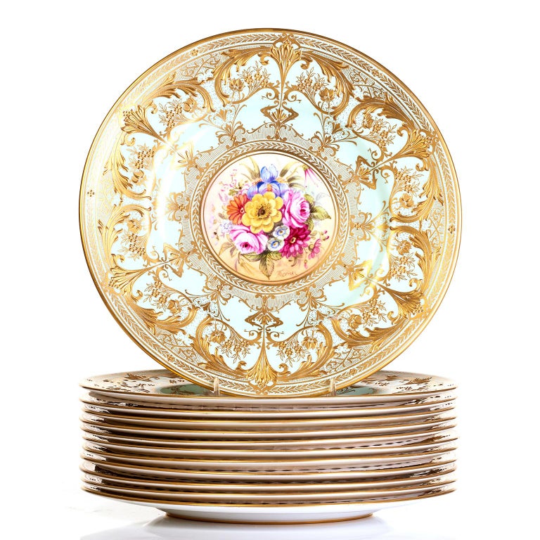 Spectacular Set of Royal Worcester Hand Decorated Dinner Plates For