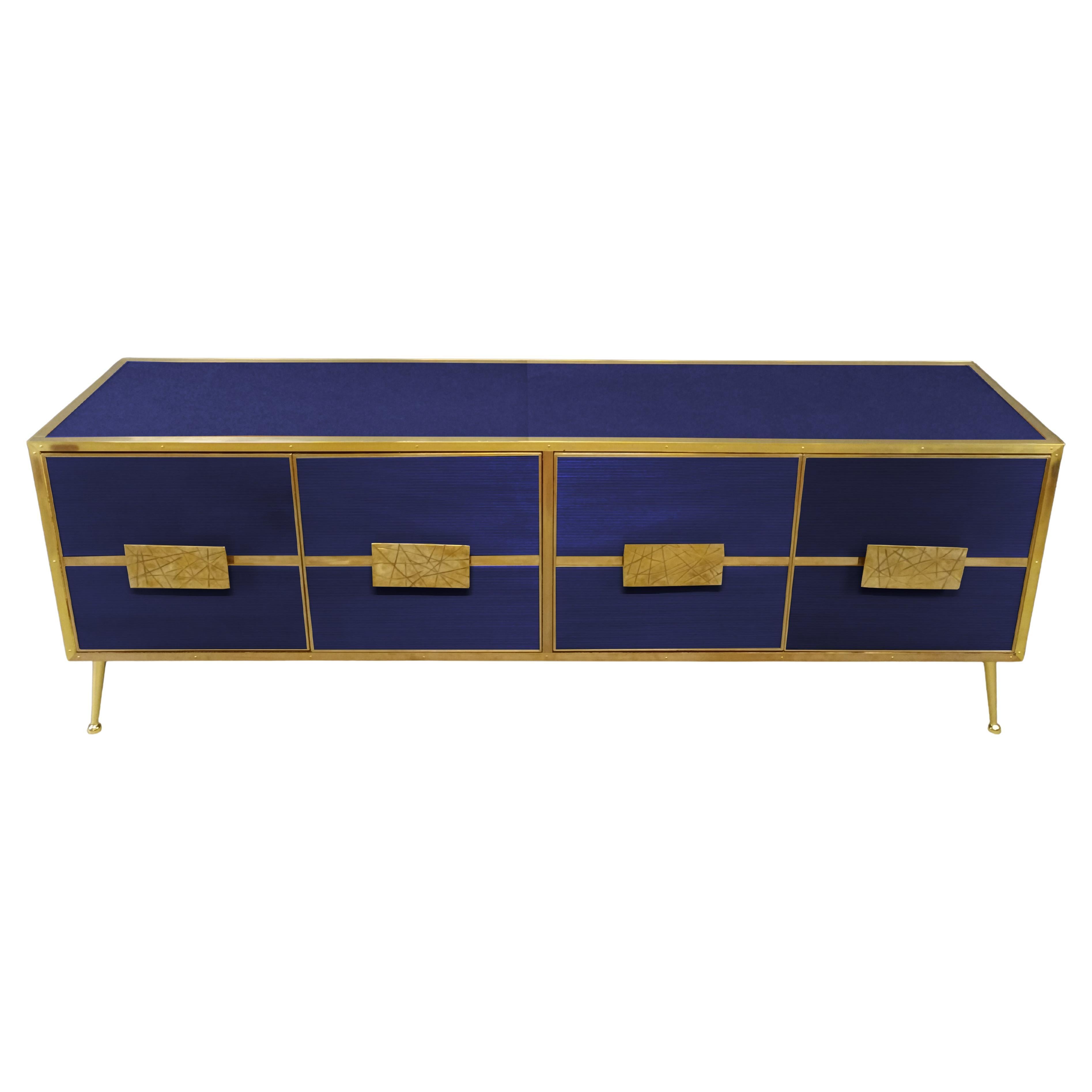 Spectaculaire buffet en verre bleu 'Grisinato' et garniture en laiton, fabriqué en Italie