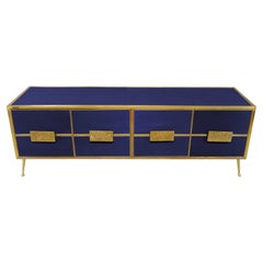 Spectaculaire buffet en verre bleu 'Grisinato' et garniture en laiton, fabriqué en Italie