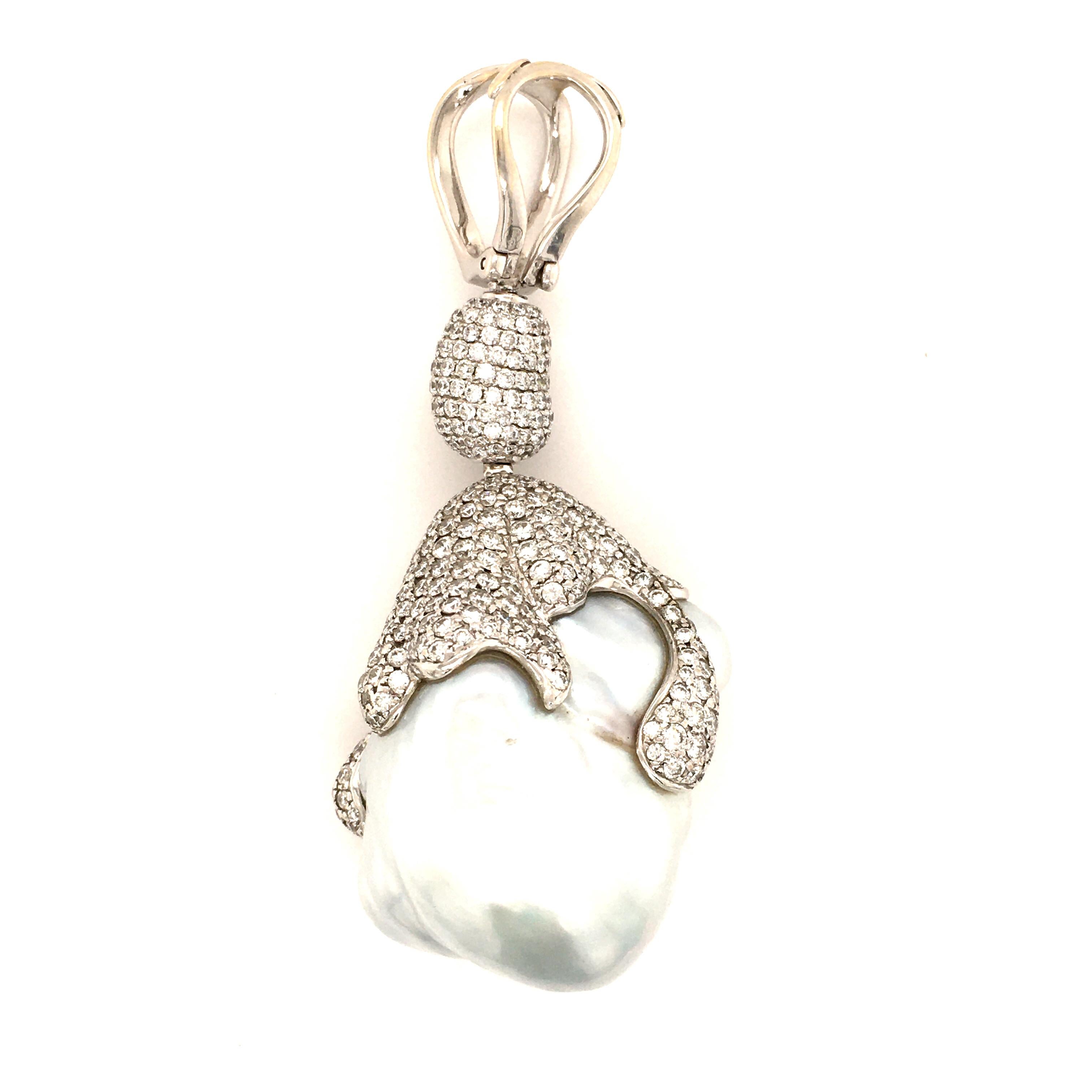 Modern Spectacular South Sea Cultured Pearl and Diamond Pendant in 18 Karat White Gold For Sale
