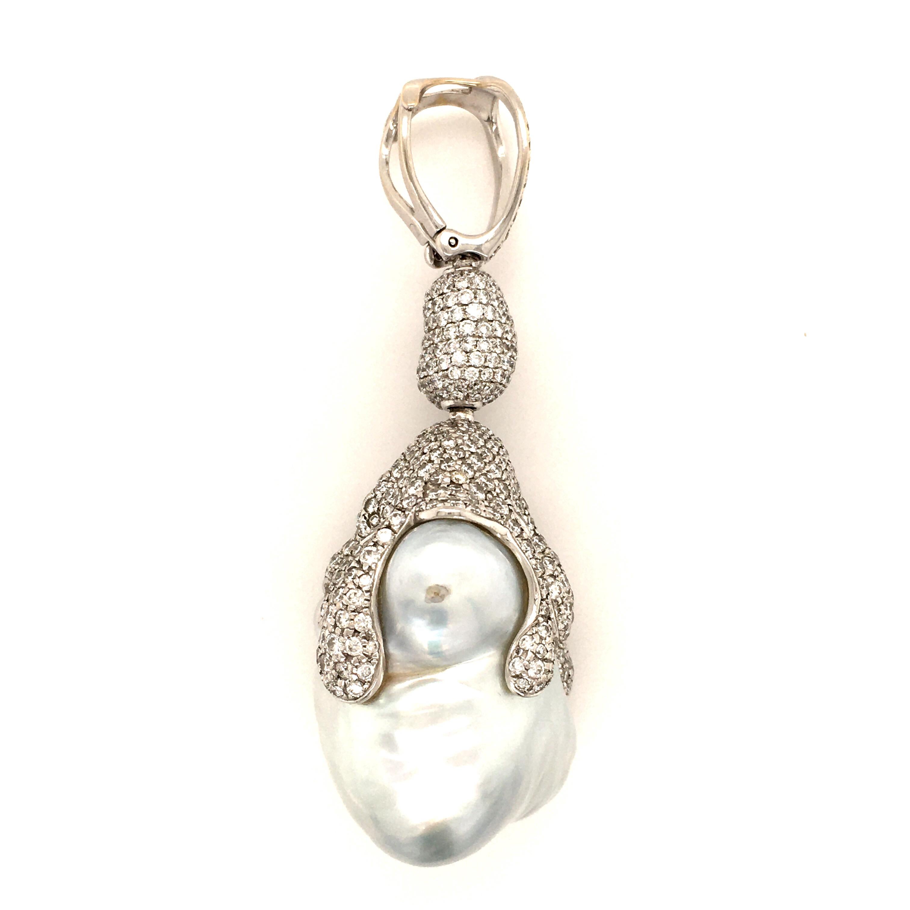 Round Cut Spectacular South Sea Cultured Pearl and Diamond Pendant in 18 Karat White Gold For Sale