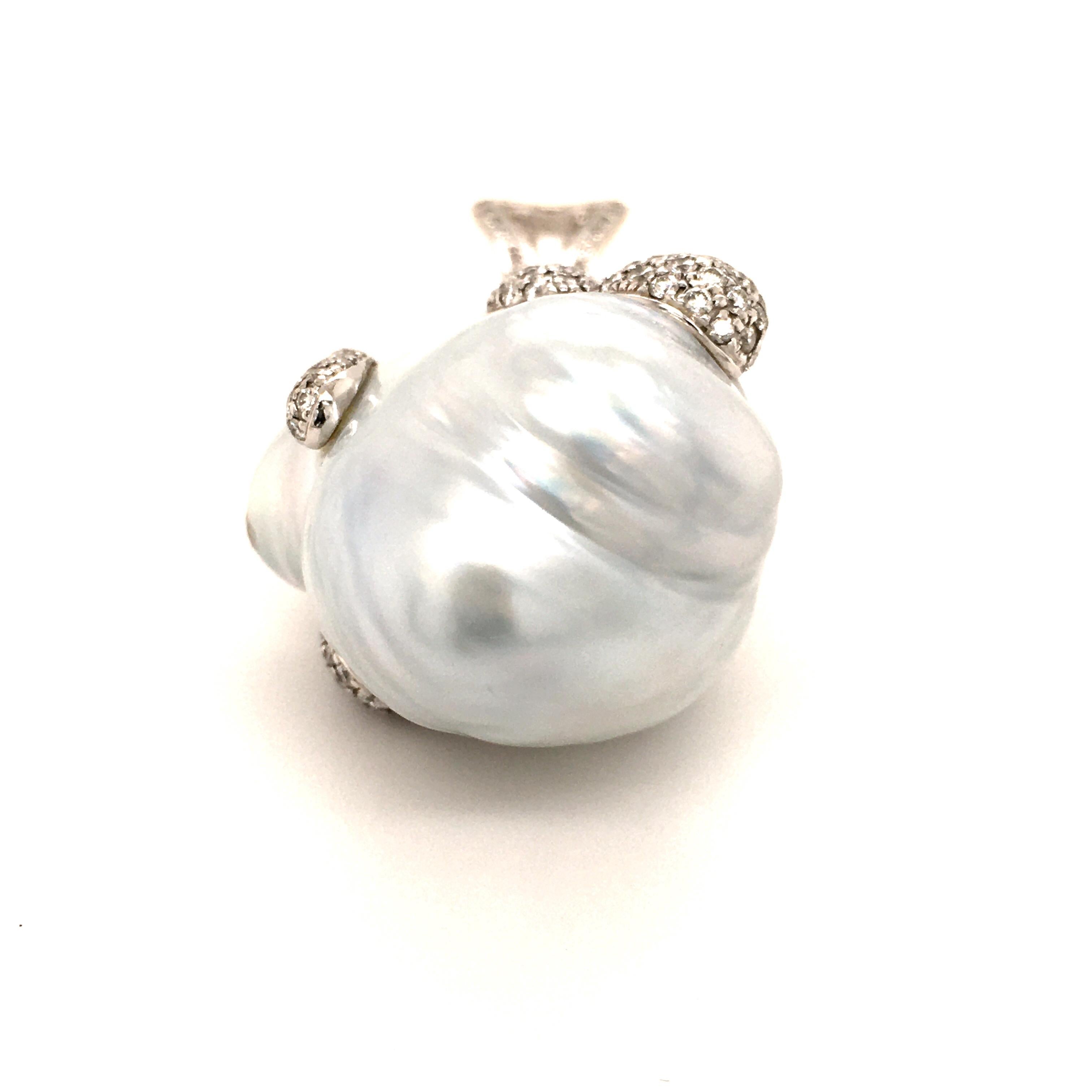 Women's or Men's Spectacular South Sea Cultured Pearl and Diamond Pendant in 18 Karat White Gold For Sale