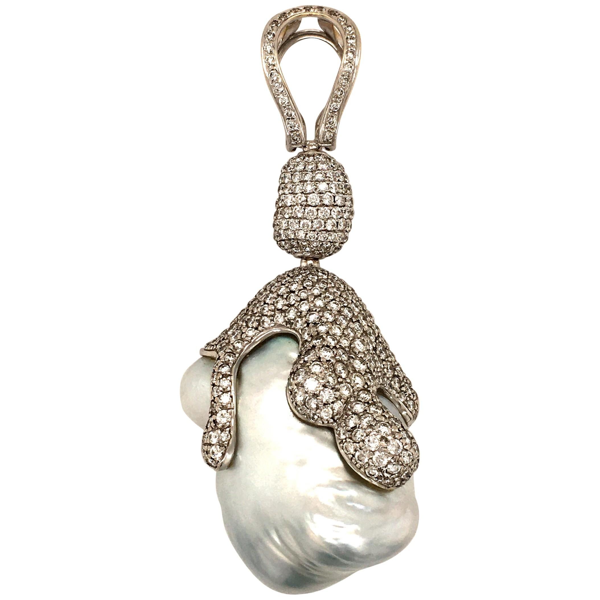 Spectacular South Sea Cultured Pearl and Diamond Pendant in 18 Karat White Gold For Sale