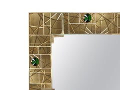 Spectacular Striped Brass Wall Mirror with 6 Green Murano Glass Jewels Available