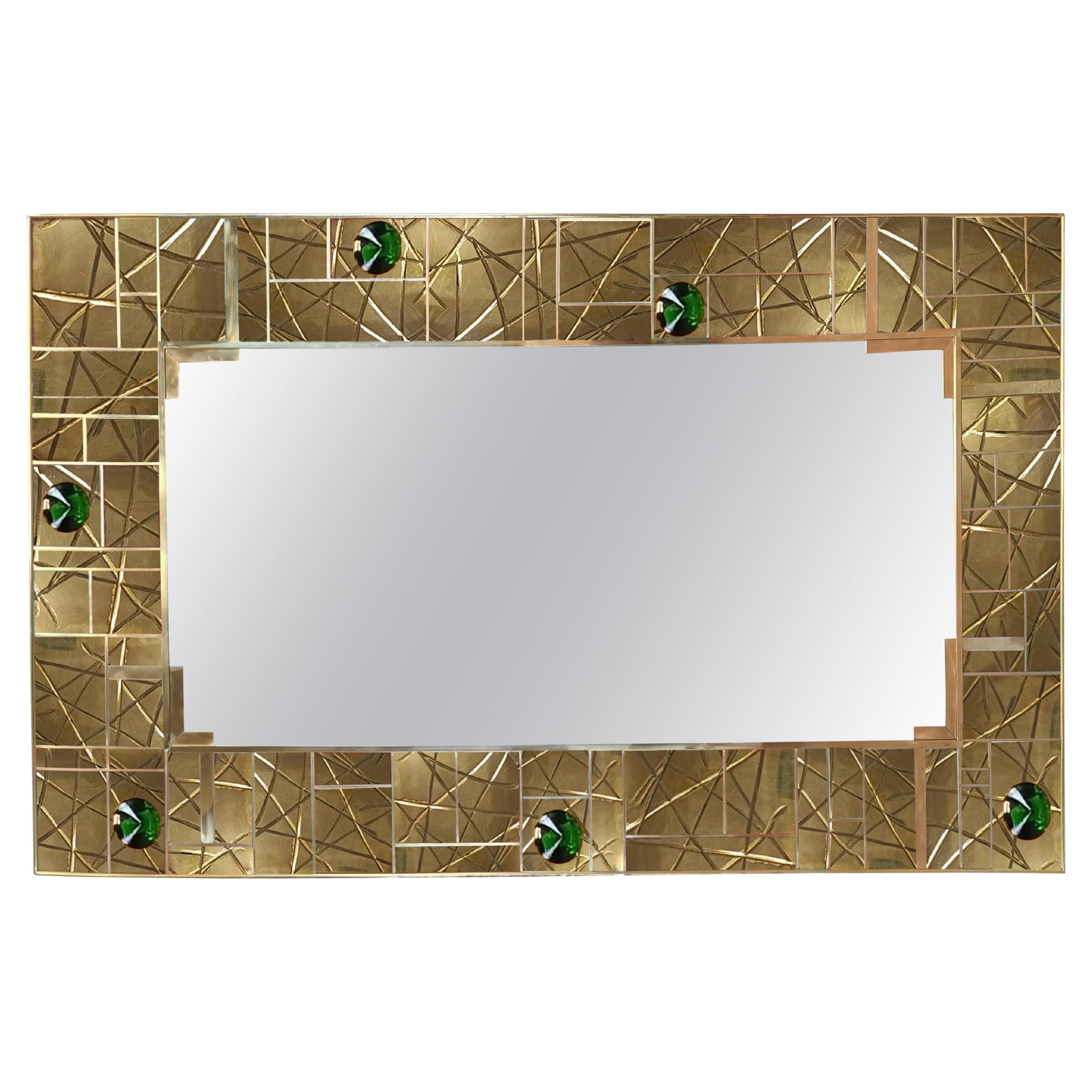 Spectacular Striped Brass Wall Mirror with 6 Green Murano Glass Jewels Available in vendita
