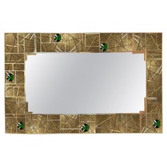 Spectacular Striped Brass Wall Mirror with 6 Green Murano Glass Jewels Available