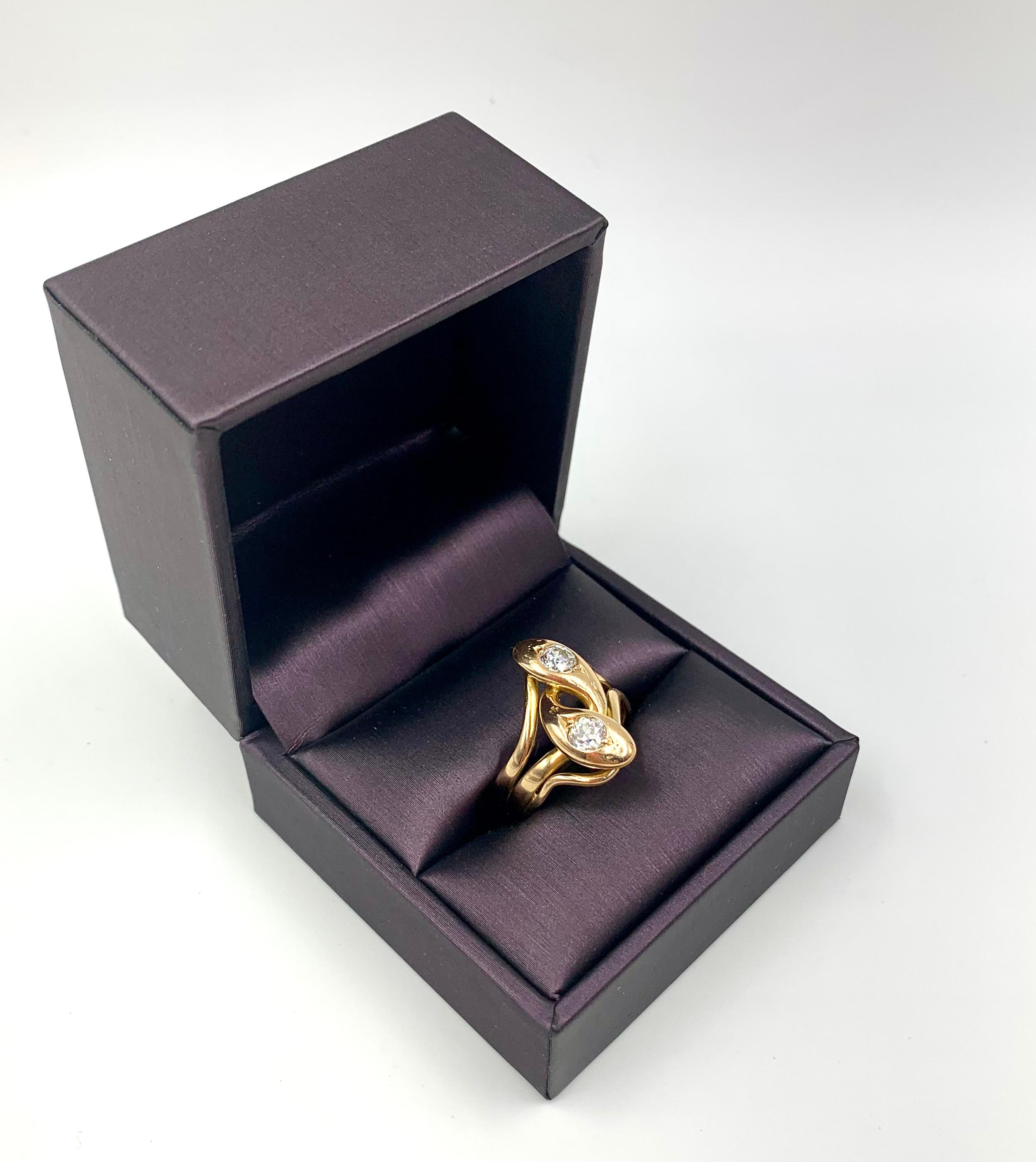 Spectacular Substantial Art Nouveau Diamond 14K Yellow Gold Double Snake Ring For Sale 2