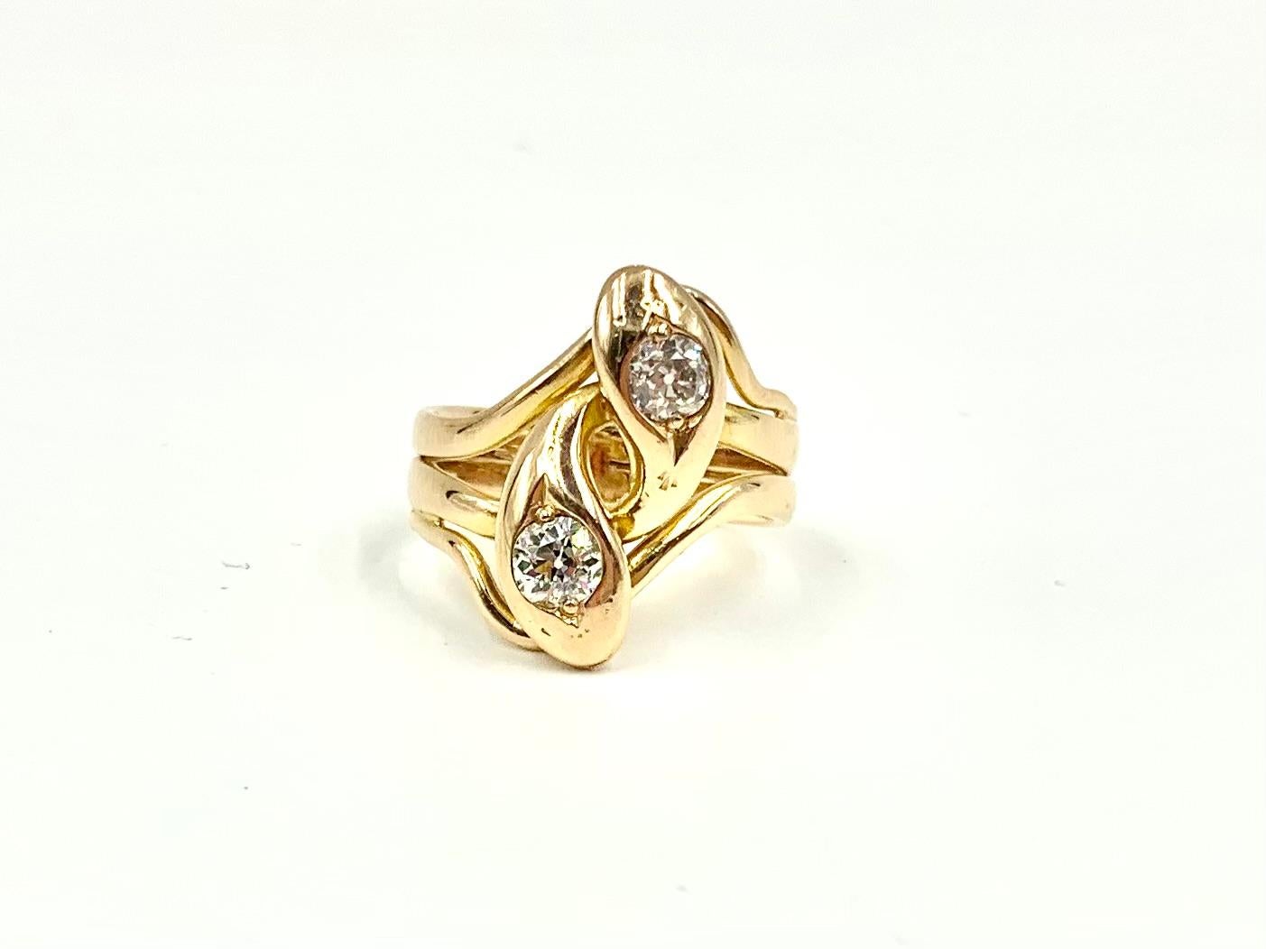 Spectacular Substantial Art Nouveau Diamond 14K Yellow Gold Double Snake Ring For Sale 3