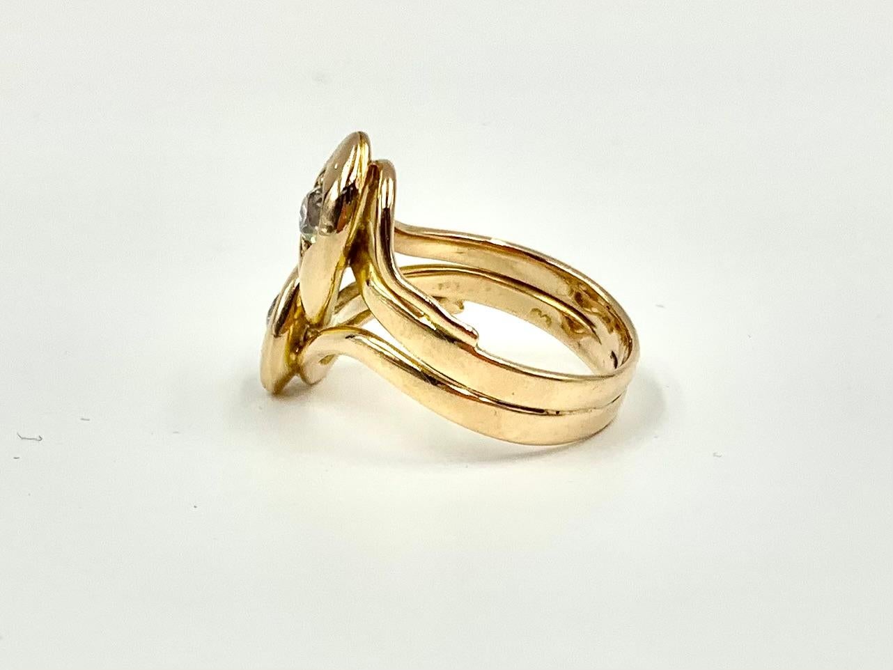 Old European Cut Spectacular Substantial Art Nouveau Diamond 14K Yellow Gold Double Snake Ring For Sale
