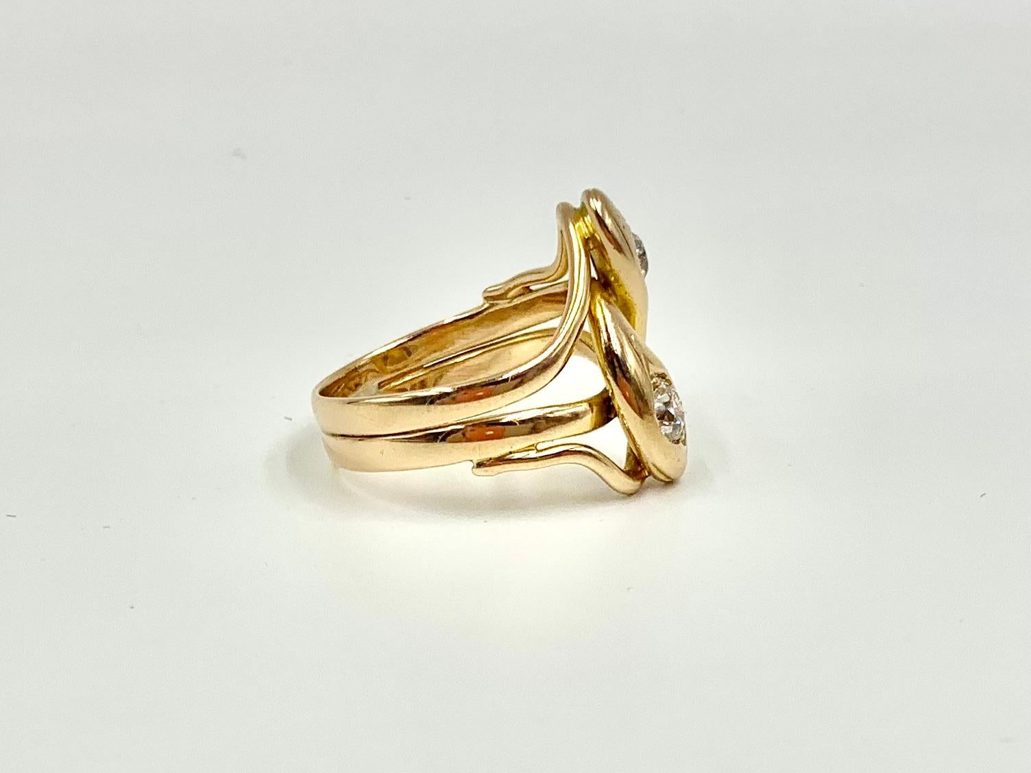 Women's or Men's Spectacular Substantial Art Nouveau Diamond 14K Yellow Gold Double Snake Ring For Sale