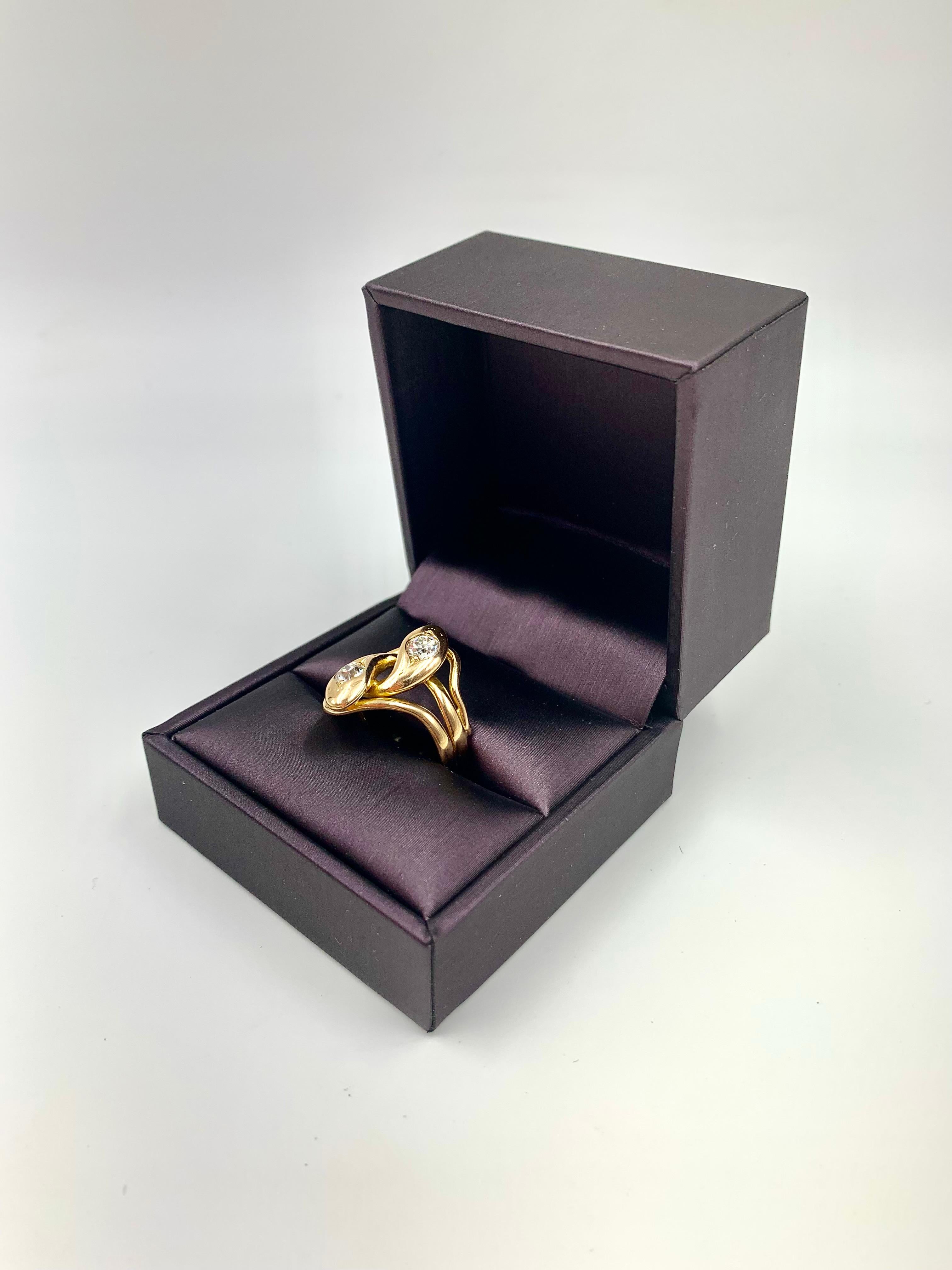 Spectacular Substantial Art Nouveau Diamond 14K Yellow Gold Double Snake Ring For Sale 1