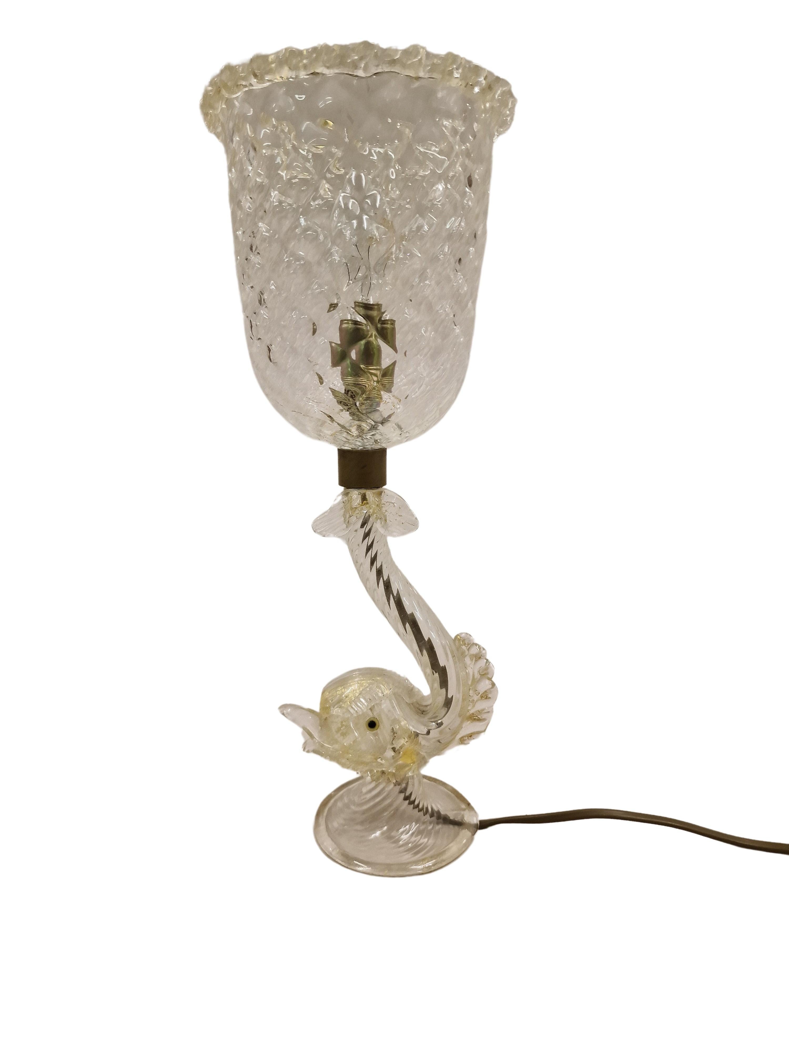 Italian Spectacular table lamp, dolphin, glass gold foil, Mid-Century 1960s Murano Italy For Sale