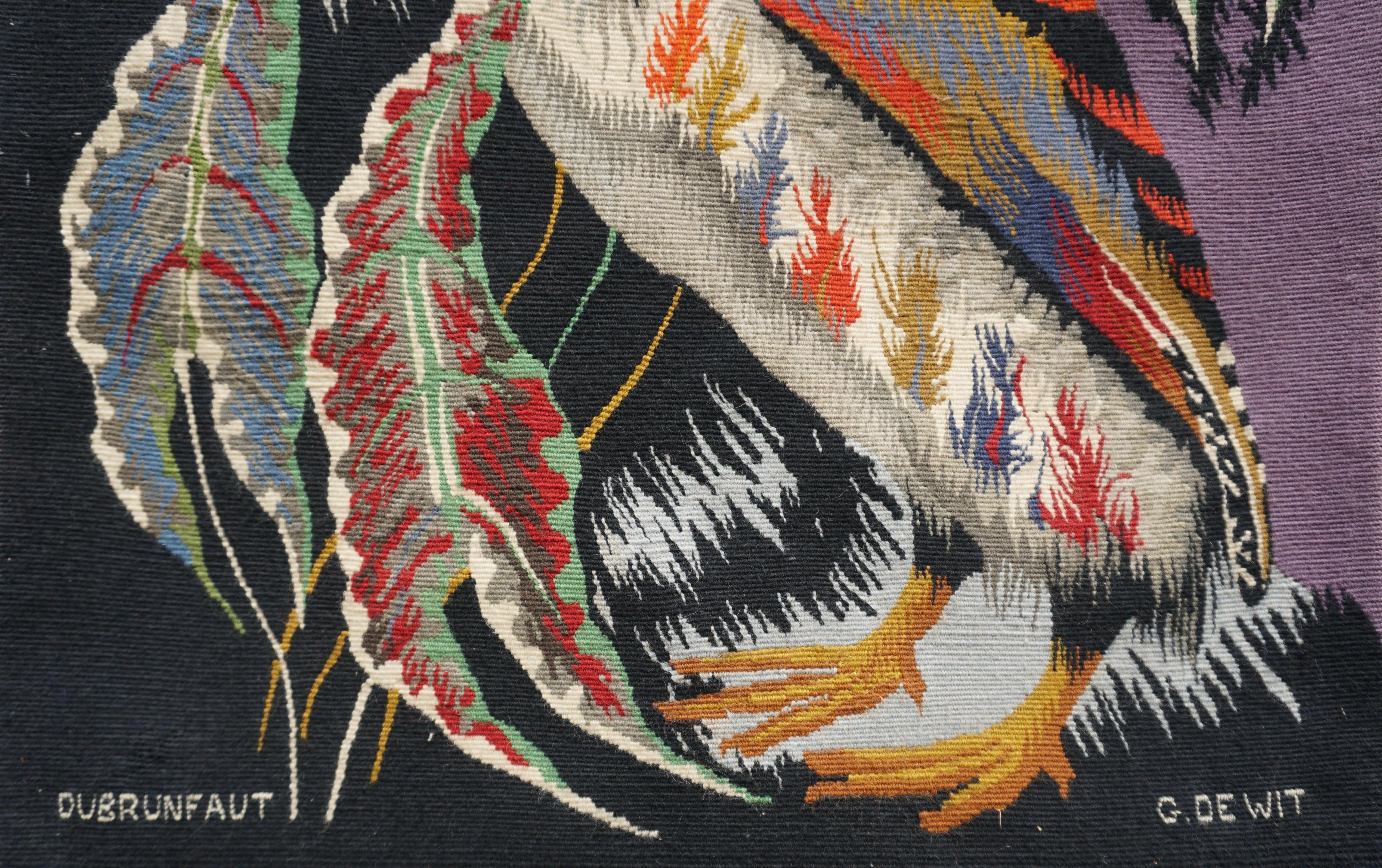 Hollywood Regency Spectacular Tapestry of a Crowned Bird Signed Edmond Dubrunfaut, Belgium, 1950