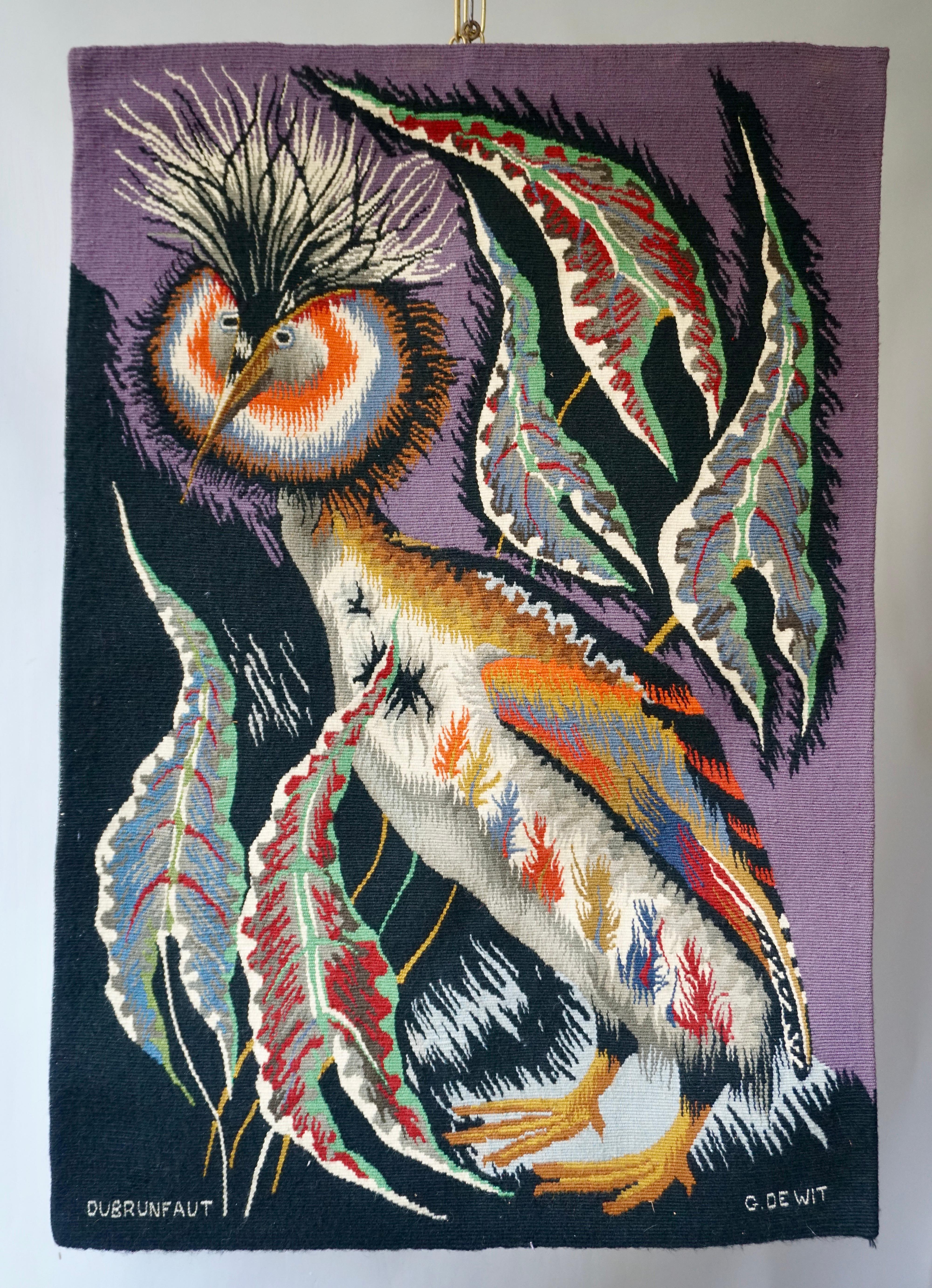 Hand-Woven Spectacular Tapestry of a Crowned Bird Signed Edmond Dubrunfaut, Belgium, 1950