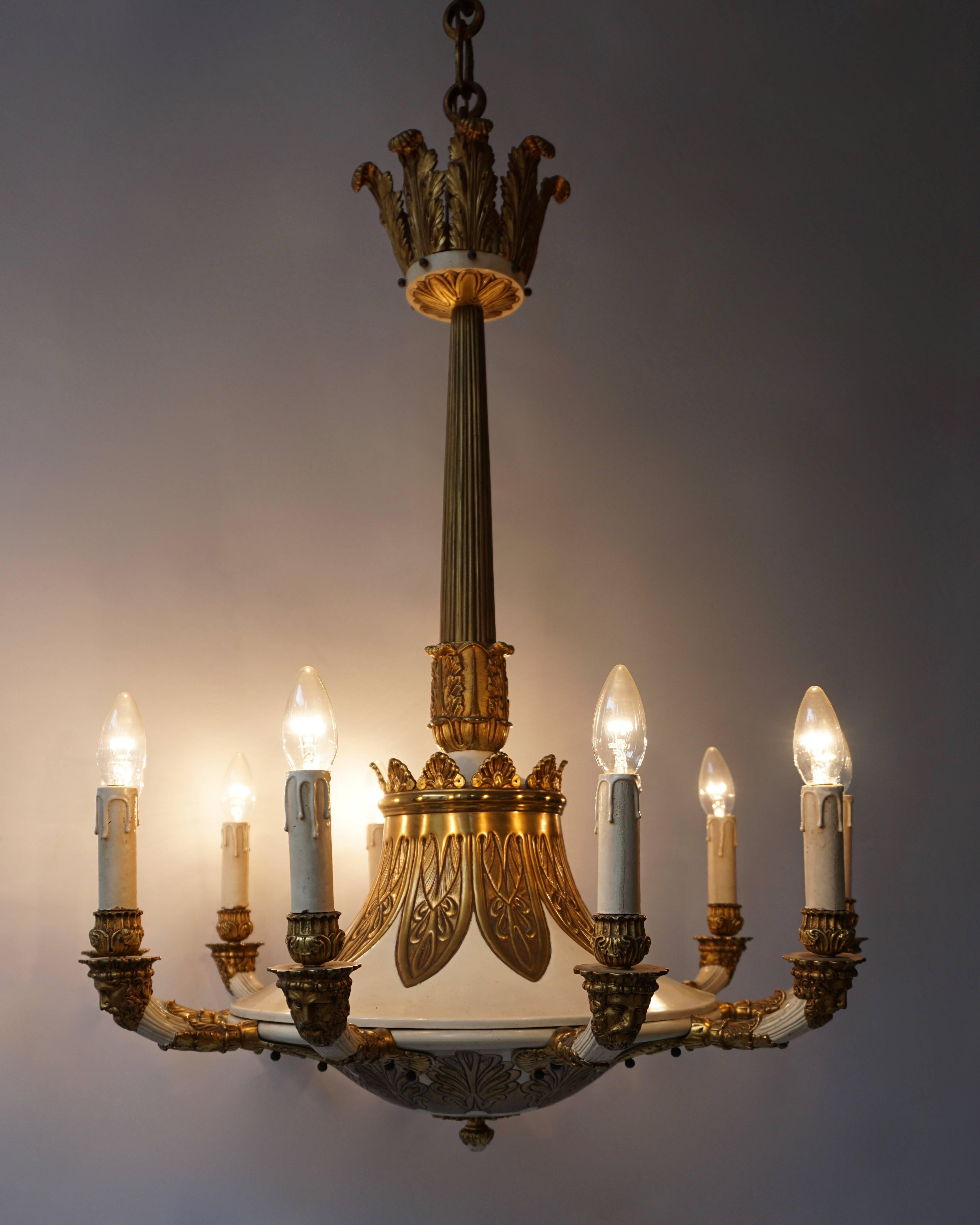 20th Century Spectacular Ten Arms Brass White Painted Chandelier with Men's Head For Sale